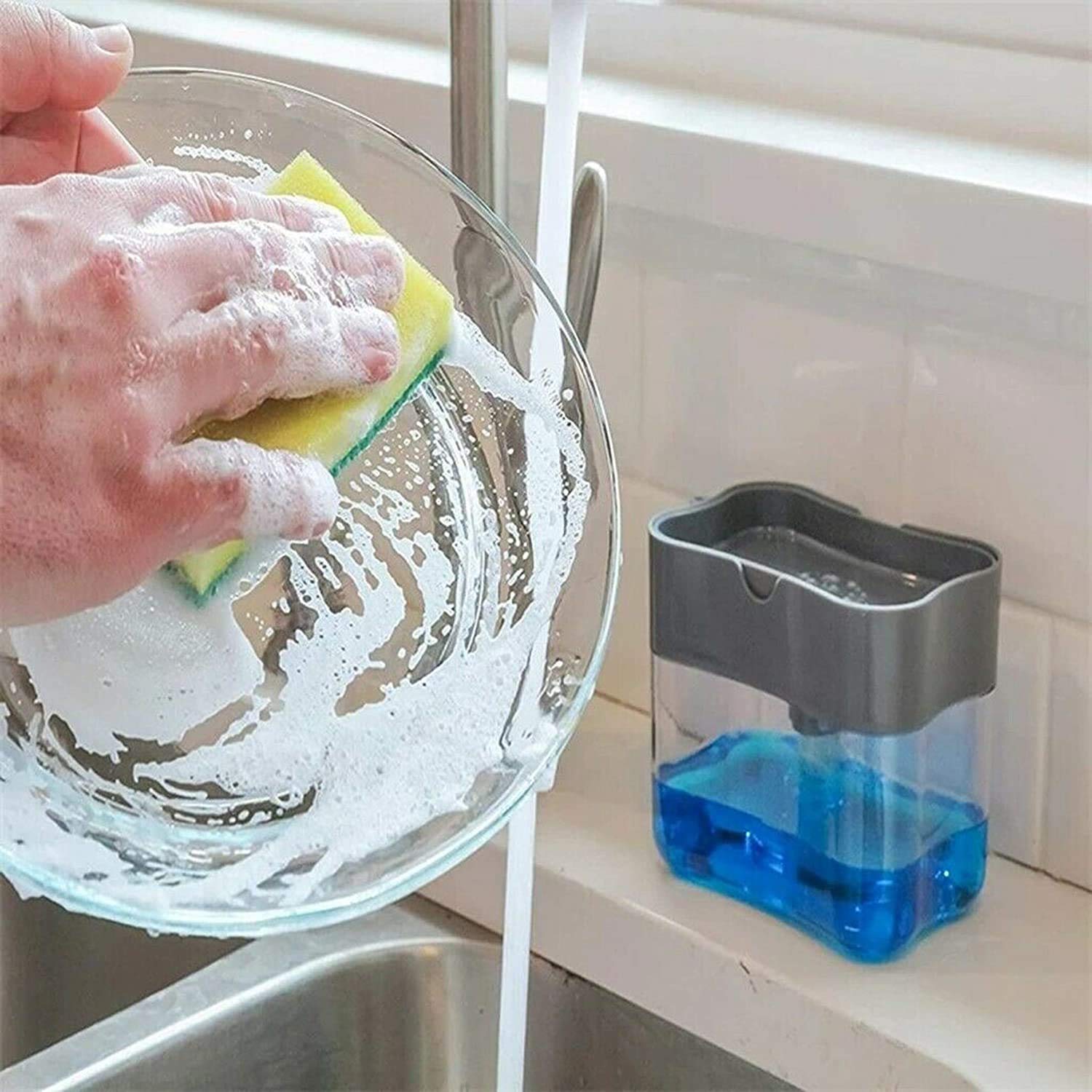 DIYASHI® 2-in-1 Unbreakable Soap Dispenser with Sponge Holder - Plastic Liquid Container for Bathroom, Kitchen & Dishwasher - Ideal for Hand Soap, Dish Soap & Cleaning Solutions