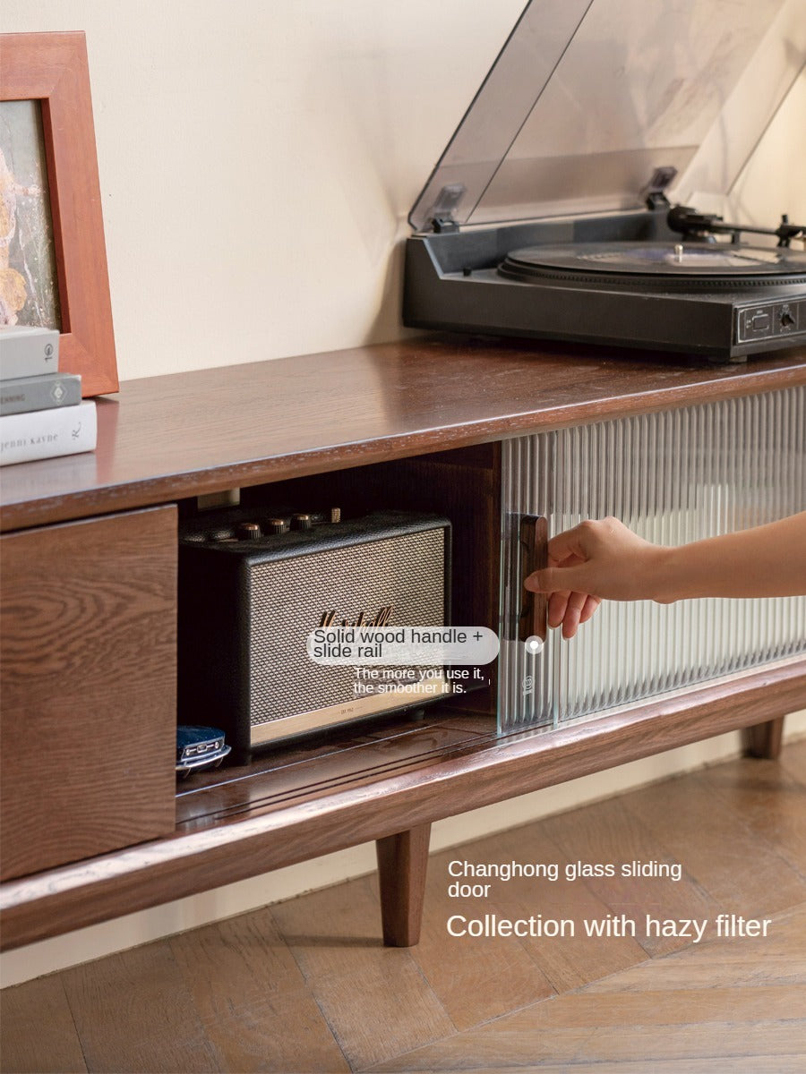 Solid Oak Wood TV Stand with Glass Sliding Doors - Modern Entertainment Center for Living Room, Bedroom & Home Theater