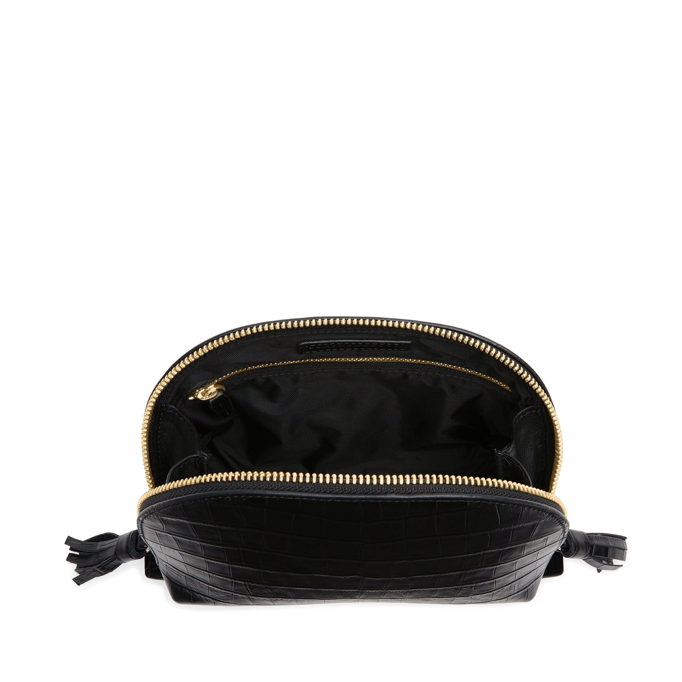Medium Black Crocodile Print Clamshell Makeup Bag - Travel Cosmetic Organizer for Women, Perfect for Makeup Brushes & Toiletries