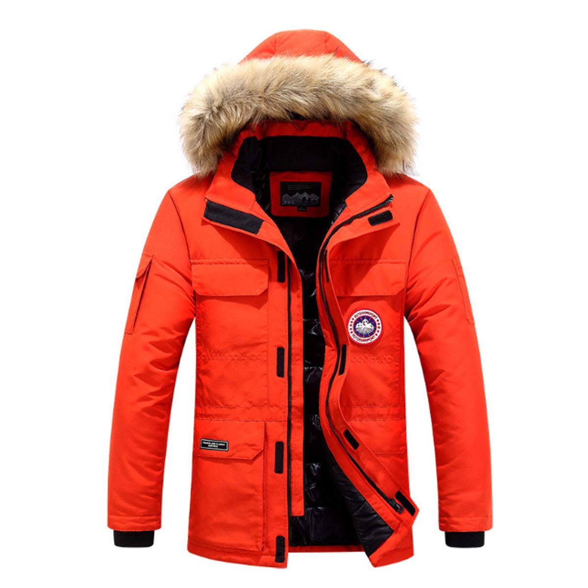 Men's Winter Jacket - Long Sleeve Padded Hooded Down Coat in Orange, Size XL | Warm Outerwear for Cold Weather & Outdoor Activities