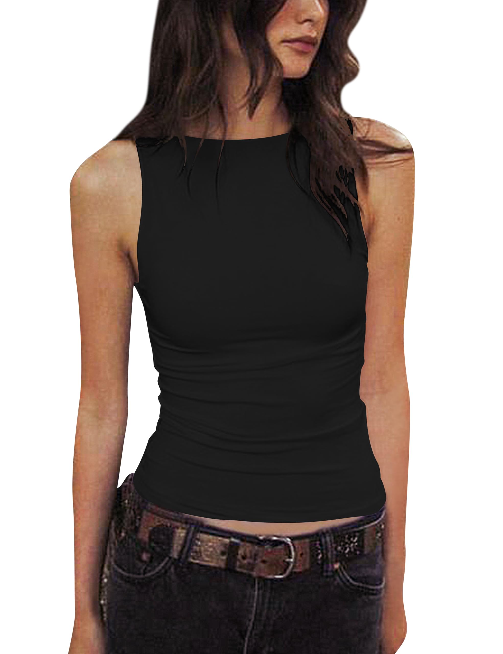 CIOATIN Women's Sleeveless Y2K Tank Top - Tight Fitted Boat Neck Workout Cami Shirt with Double Lining for Summer | Clubwear, Gym, Casual Outfits & Street Style