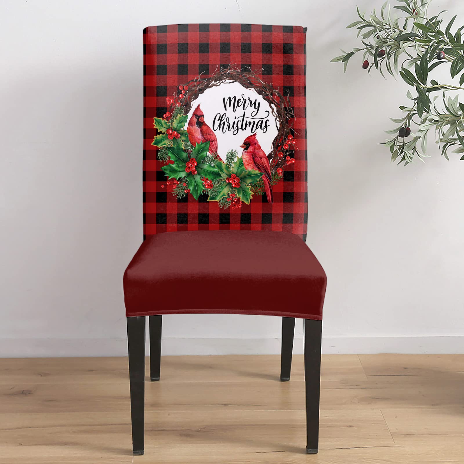 4-Pack Christmas Wreath Stretch Chair Covers - Washable Red Black Plaid Slipcovers with Berry & Bird Design for Dining Room, Kitchen, Hotel & Restaurant - Perfect for Holiday Decor & Winter Gatherings