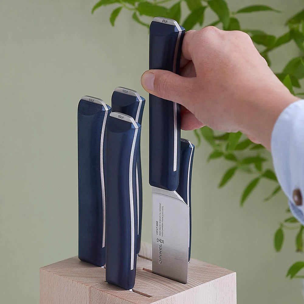 Opinel Intempora 5-Piece Knife Block Set - High Carbon Stainless Steel Kitchen Knives with Wooden Stand - Perfect for Home Cooking, BBQ, and Food Preparation