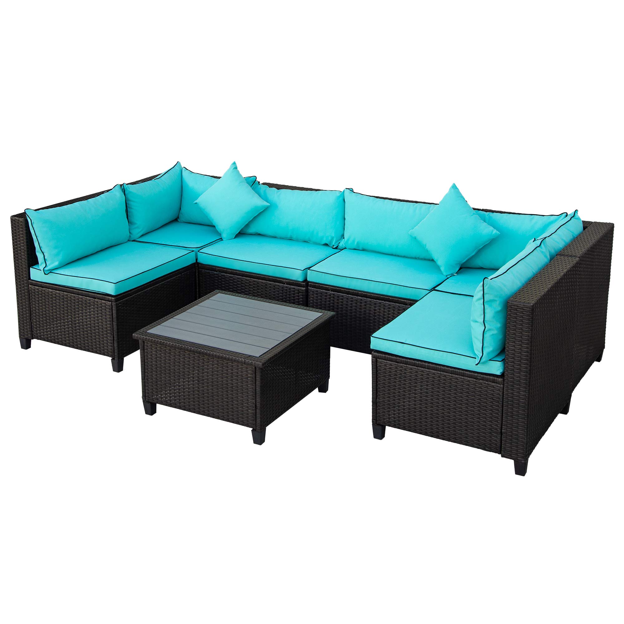 7-Piece Wicker Patio Furniture Set - Dark Brown Rattan Outdoor Sectional Sofa with Wood Coffee Table & Sky Blue Cushions - Perfect for Garden, Poolside, Backyard, and Patio Relaxation