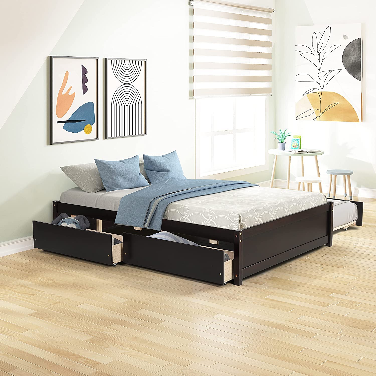 Rophefx Full Size Platform Bed with Twin Trundle and 2 Storage Drawers, Solid Wood Kids Bed Frame in Espresso Finish - Perfect for Small Bedrooms, Guest Rooms & Kids' Sleepovers