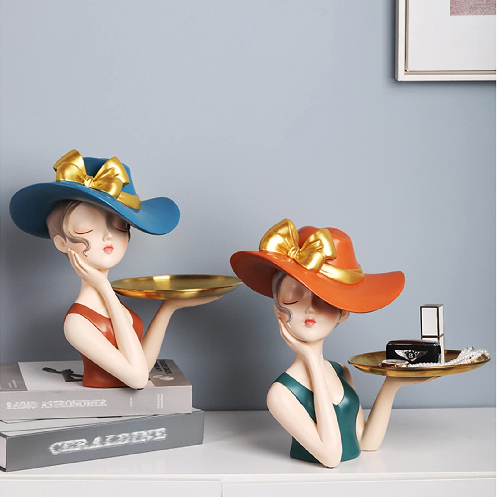 Cute Girl Sculpture Key Holder - Modern Resin Home Decor Statue with Storage Tray for Keys, Jewelry & Candy | Desktop Organizer for Bedroom, Office & Entryway