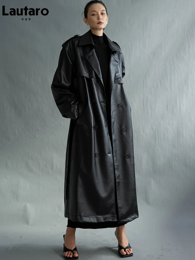 Women's Extra Long Oversized Black Faux Leather Trench Coat - Long Sleeve Belted Double Breasted Loose Fashion Coat for Fall/Winter | Perfect for Office, Date Night & Casual Outfits
