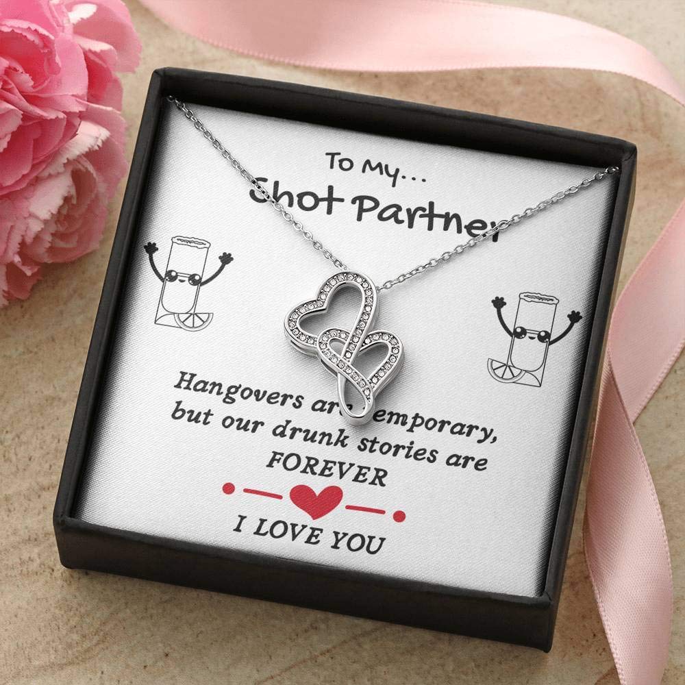 Double Heart Necklace for Best Friends - Gift with Card & Box | Drinking Jewelry for Women