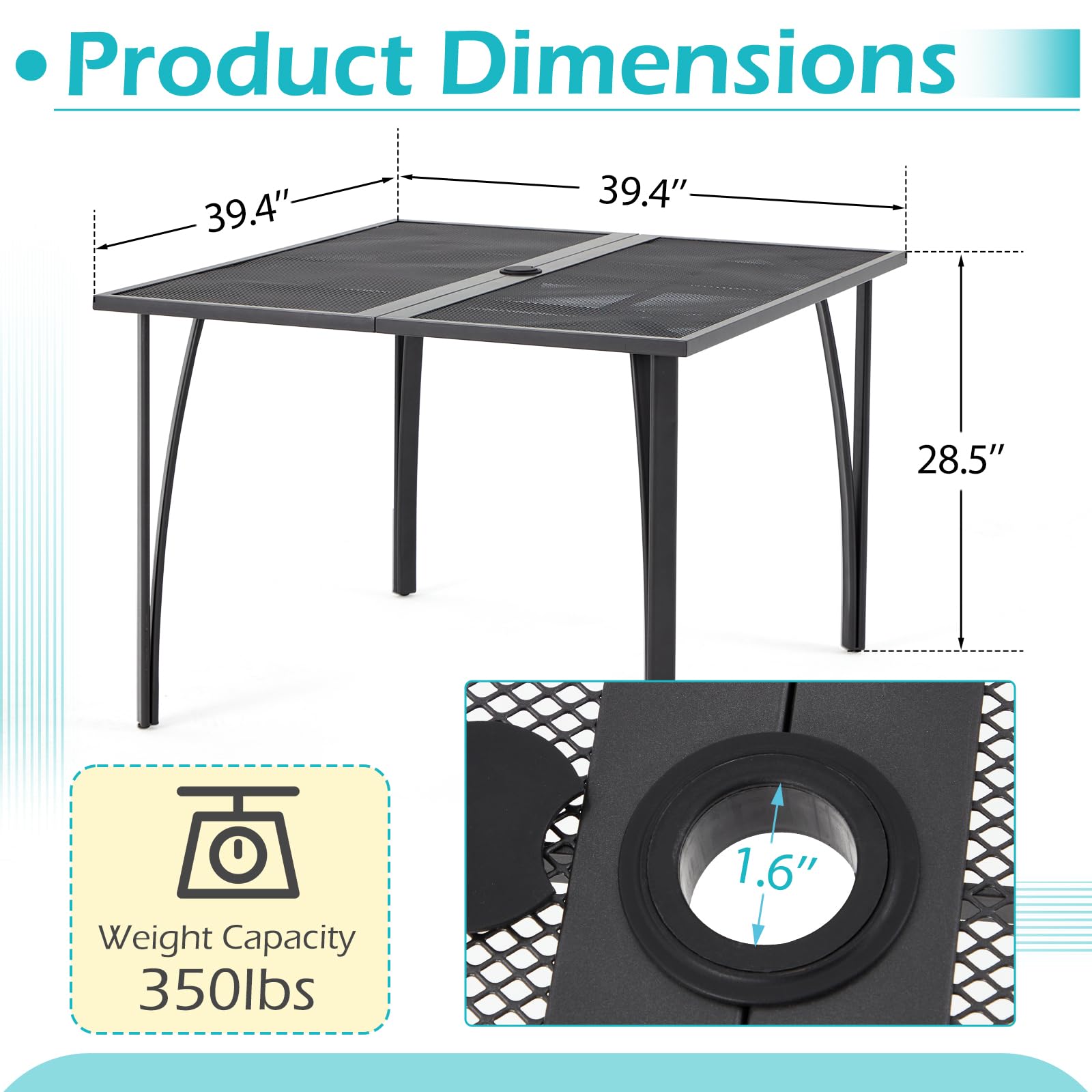 AECOJOY 39.4 Inch Square Outdoor Dining Table for 4 People - Weatherproof Metal Patio Table with 1.6 Inch Umbrella Hole - Perfect for Backyard, Garden, Poolside & Outdoor Entertaining (Dark Grey)