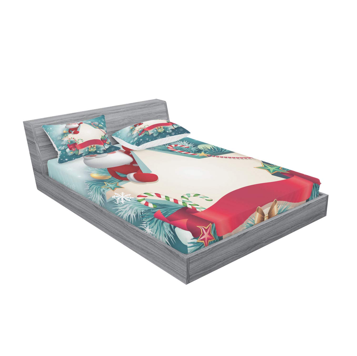 Ambesonne Christmas Fitted Sheet & Pillow Sham Set - Santa Claus Star Banner Snowflakes Ribbon Candy Cane Tree Winter Theme 3-Piece Bedding Decor, Queen Size Red White | Holiday Home Decor for Bedroom & Guest Room