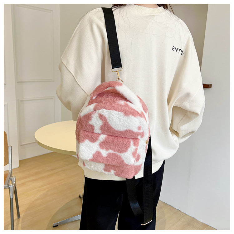 Adorable Cow Print Furry Backpack for Women - Small Cute Shoulder Bag for School, Travel & Daily Use