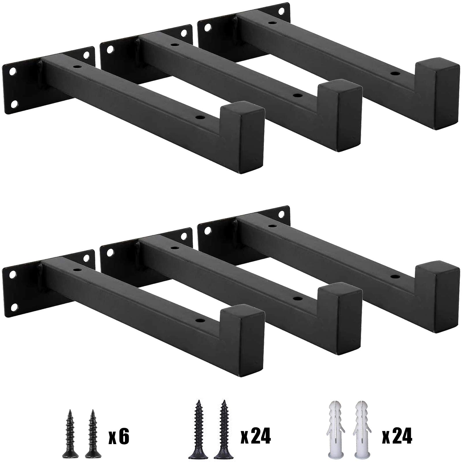 Heavy Duty Floating Shelf Brackets 6 Inch - Black Industrial Iron Wall Mounted Shelf Supports with Lip (6 Pack) - Perfect for Kitchen, Bathroom, Living Room & Office Storage Organization