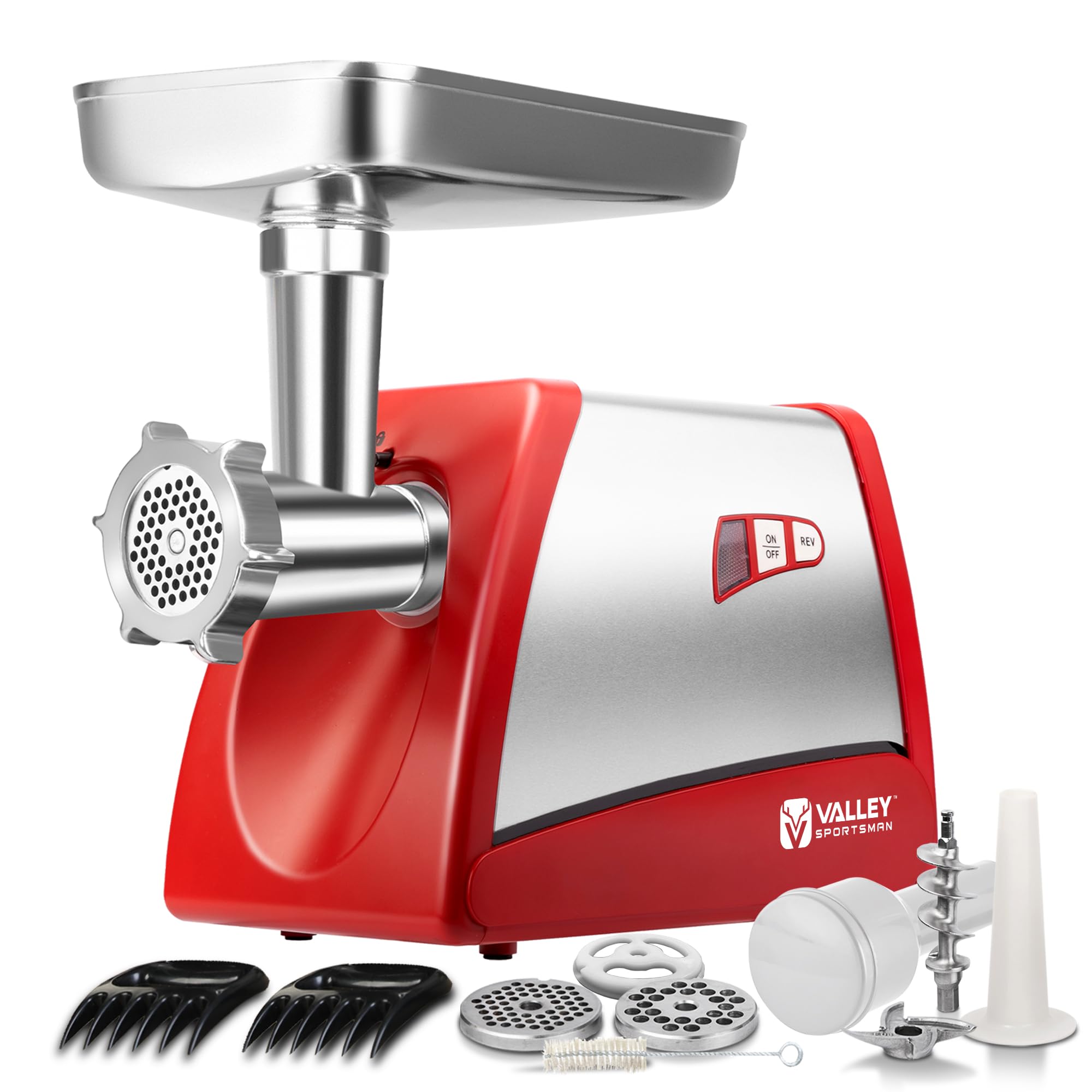 Powerful 3/4 HP Electric Meat Grinder & Sausage Stuffer - 575W Heavy Duty Mincer with Stainless Steel Blades, 3 Grinding Plates, 2 Meat Claws & Sausage Tube - Perfect for Home Kitchen, BBQ Parties, and Hunting Season (Red)