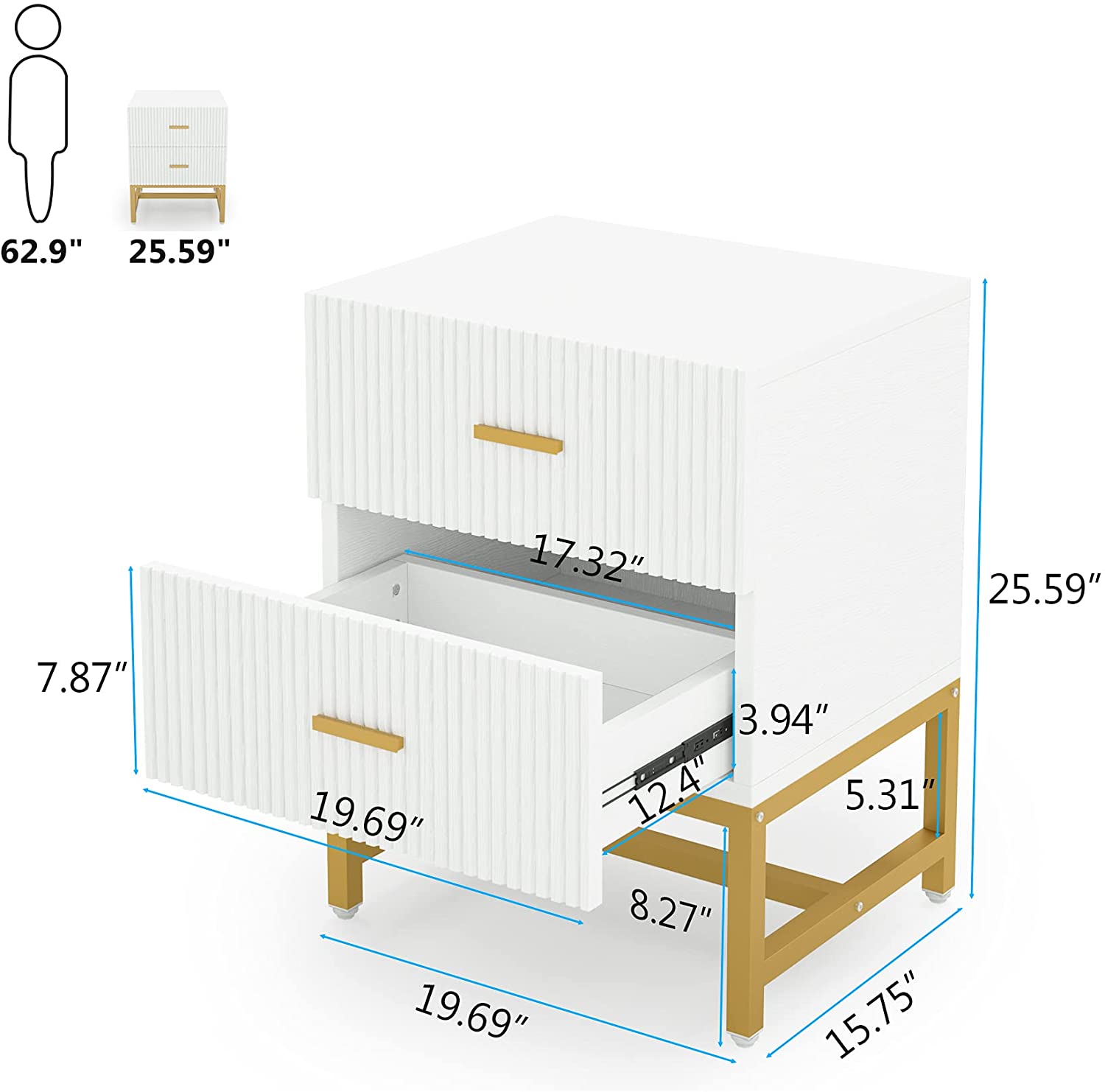 Modern 2-Drawer Nightstand with Storage - Stylish Bedside End Table for Bedroom, Living Room & Office Organization