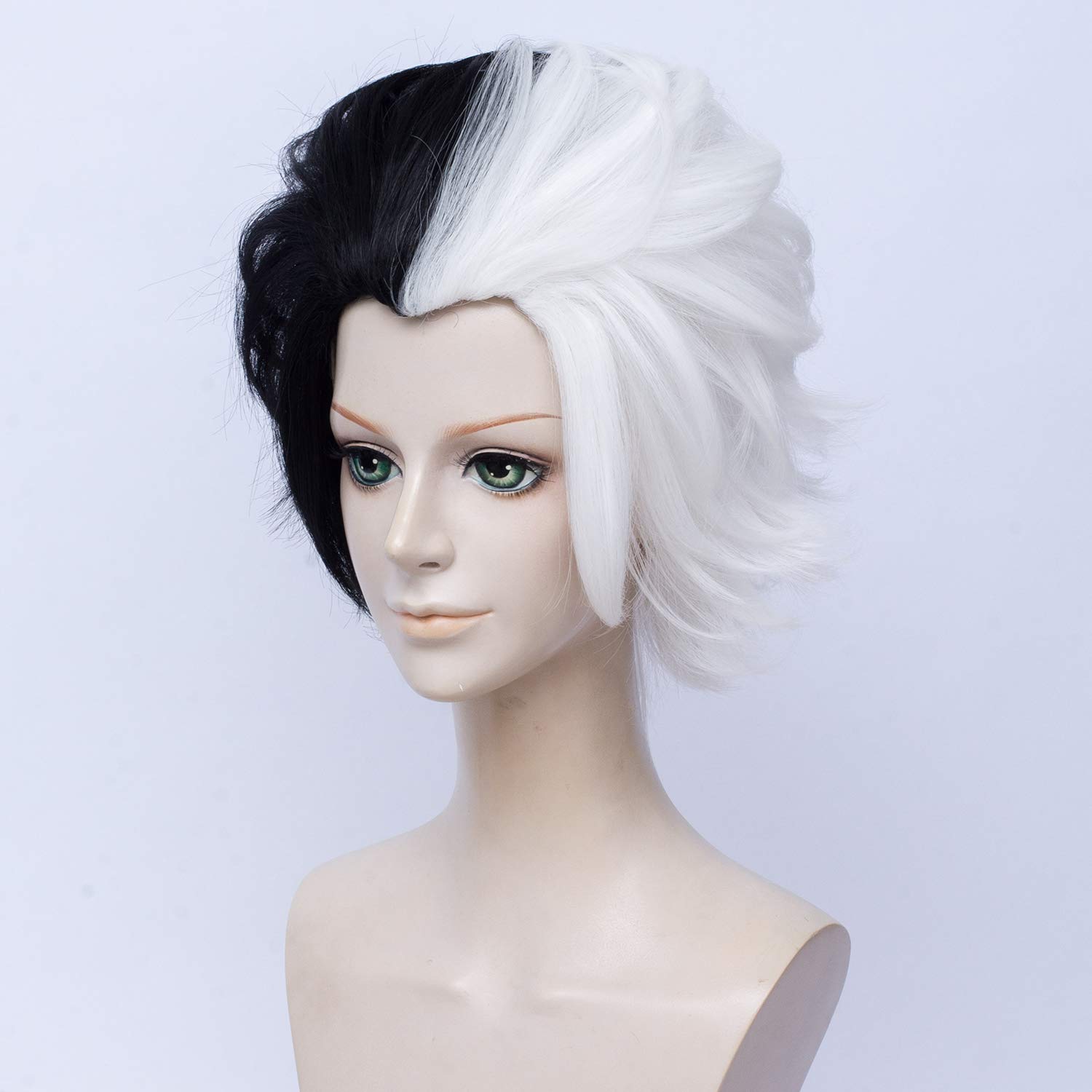 QACCF Short Layered Curly Half White Half Black Synthetic Wig for Women - Perfect for Mad Scientist Costume, Cosplay, Halloween, and Theatrical Performances
