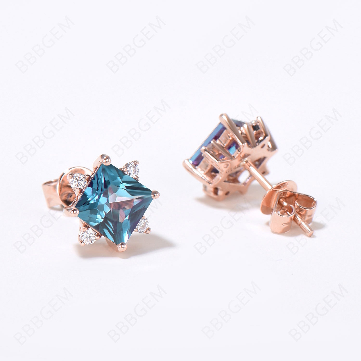 Princess Cut Alexandrite Stud Earrings - June Birthstone Flower Earrings for Women | Minimalist Wedding Jewelry, Anniversary Gift & Everyday Wear