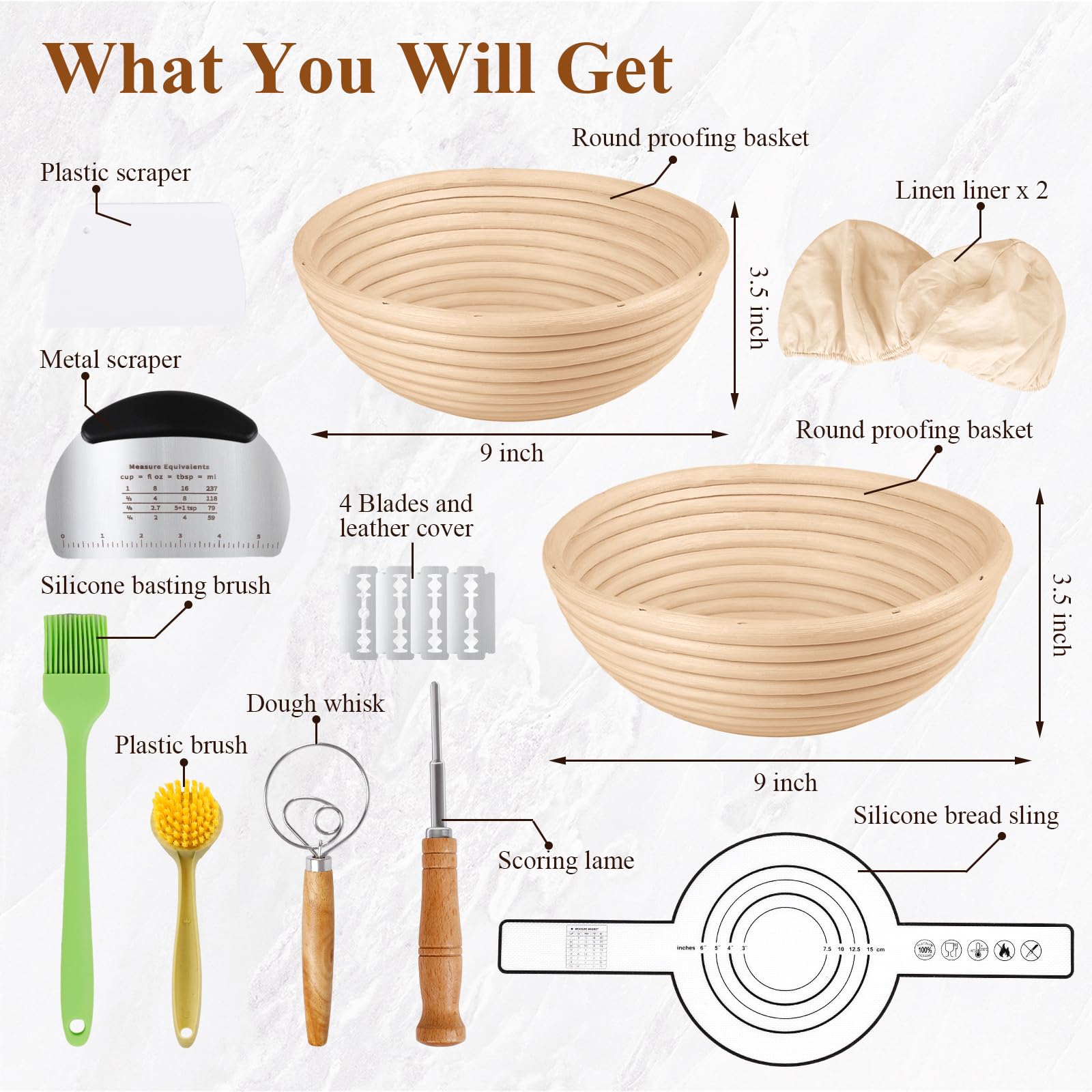 2-Pack 9 Inch Round Banneton Bread Proofing Basket Set - Sourdough Starter Kit with Dough Whisk & Bread Lame - Perfect for Artisan Bread Baking, Homemade Sourdough & Bread Making Gifts