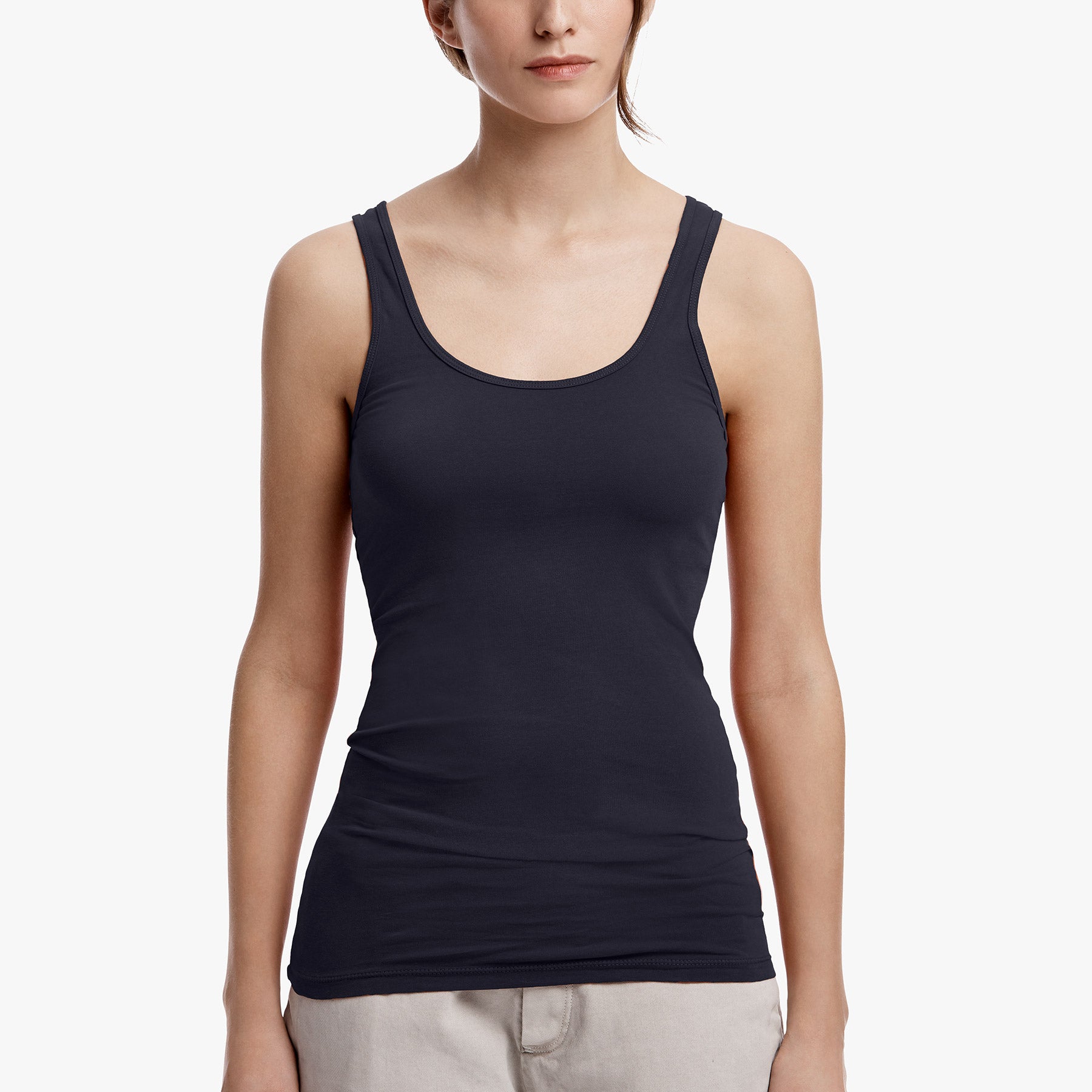 French Navy Long Jersey Tank Top for Women - Soft Stretchy Casual Sleeveless Shirt - Perfect for Yoga, Gym, and Summer Outfits