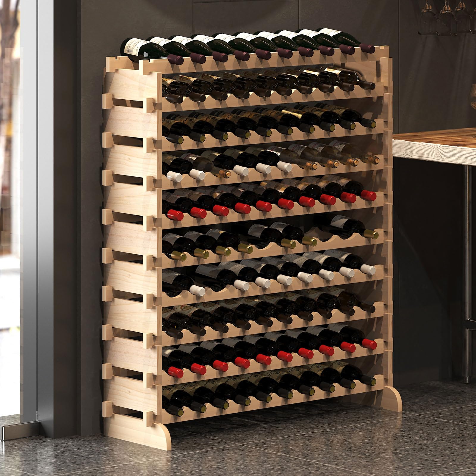 DlandHome 10-Tier Stackable Wine Rack - 100 Bottle Capacity Freestanding Modular Wine Storage Shelf - Natural Wood Wine Bottle Organizer for Kitchen, Bar, Dining Room & Wine Cellar - Perfect for Home Entertaining & Wine Collection Display