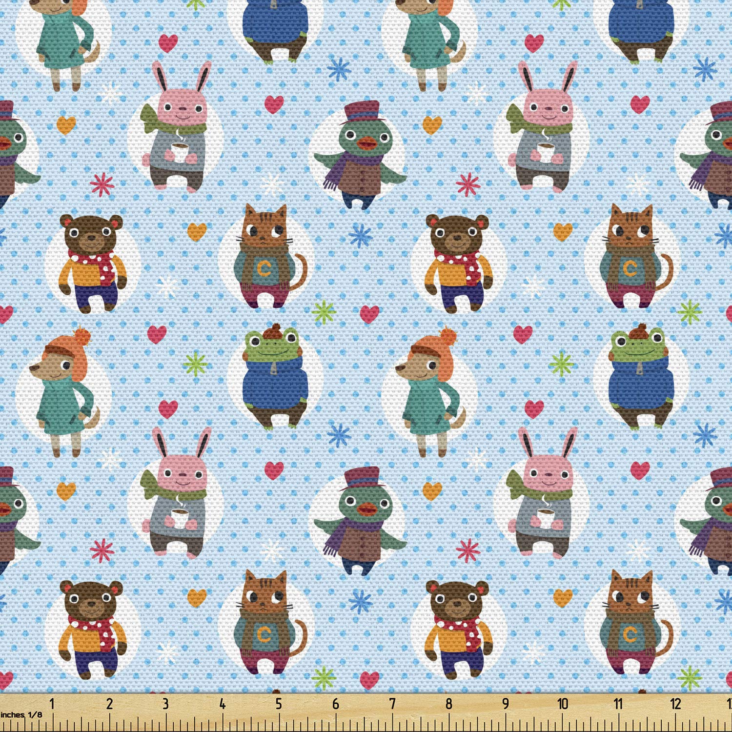 Ambesonne Cartoon Animal Fabric by The Yard - Winter Clothing & Coffee Print on Dotted Background - 10 Yards Multicolor Upholstery Fabric for Sofa, Curtains, Pillows & DIY Home Decor - Perfect for Living Room, Bedroom & Craft Projects