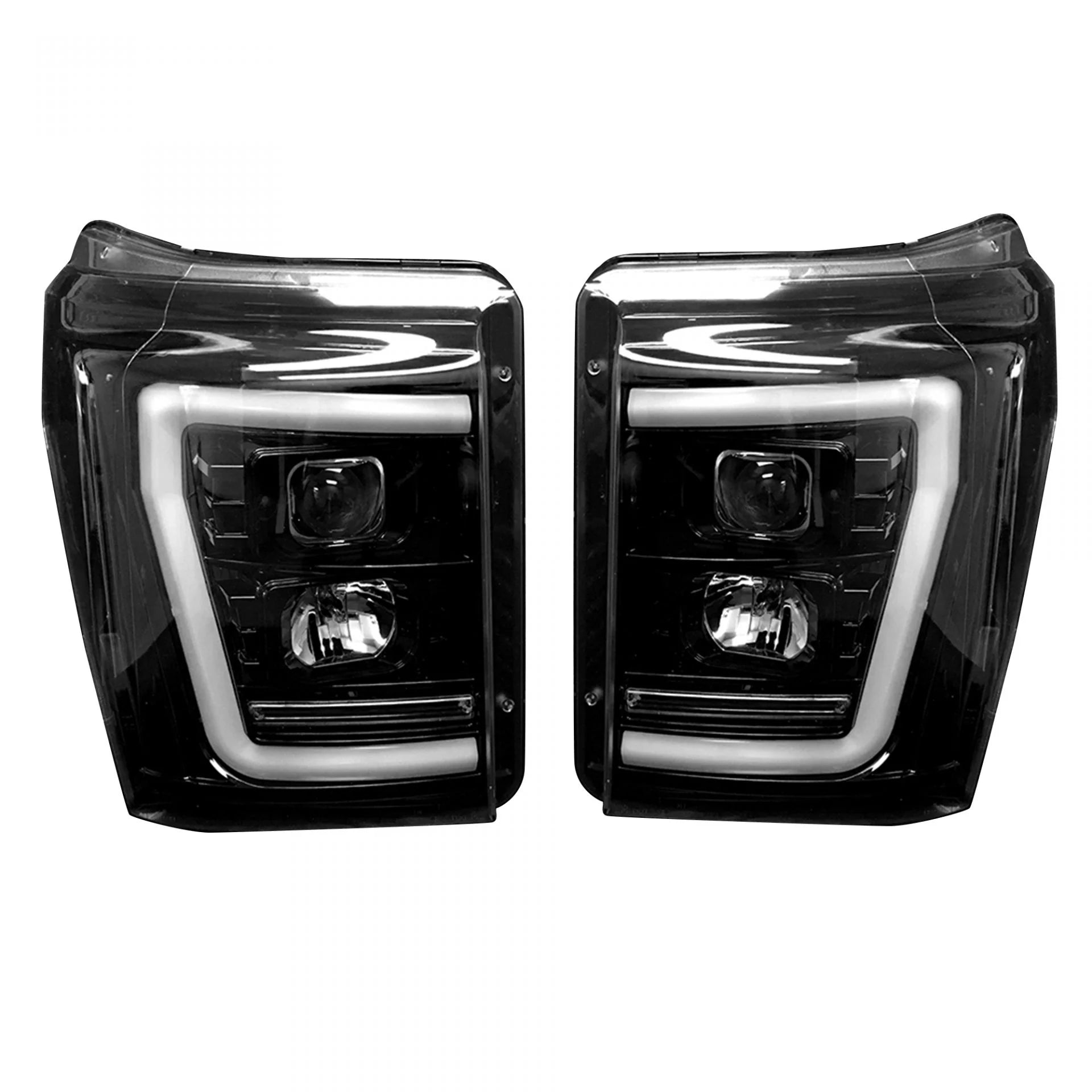Ford Super Duty F-250 F-350 F-450 F-550 2011-2016 Projector Headlights with OLED Halos & DRL - Smoked/Black Lens - Upgrade for Off-Roading & Night Driving