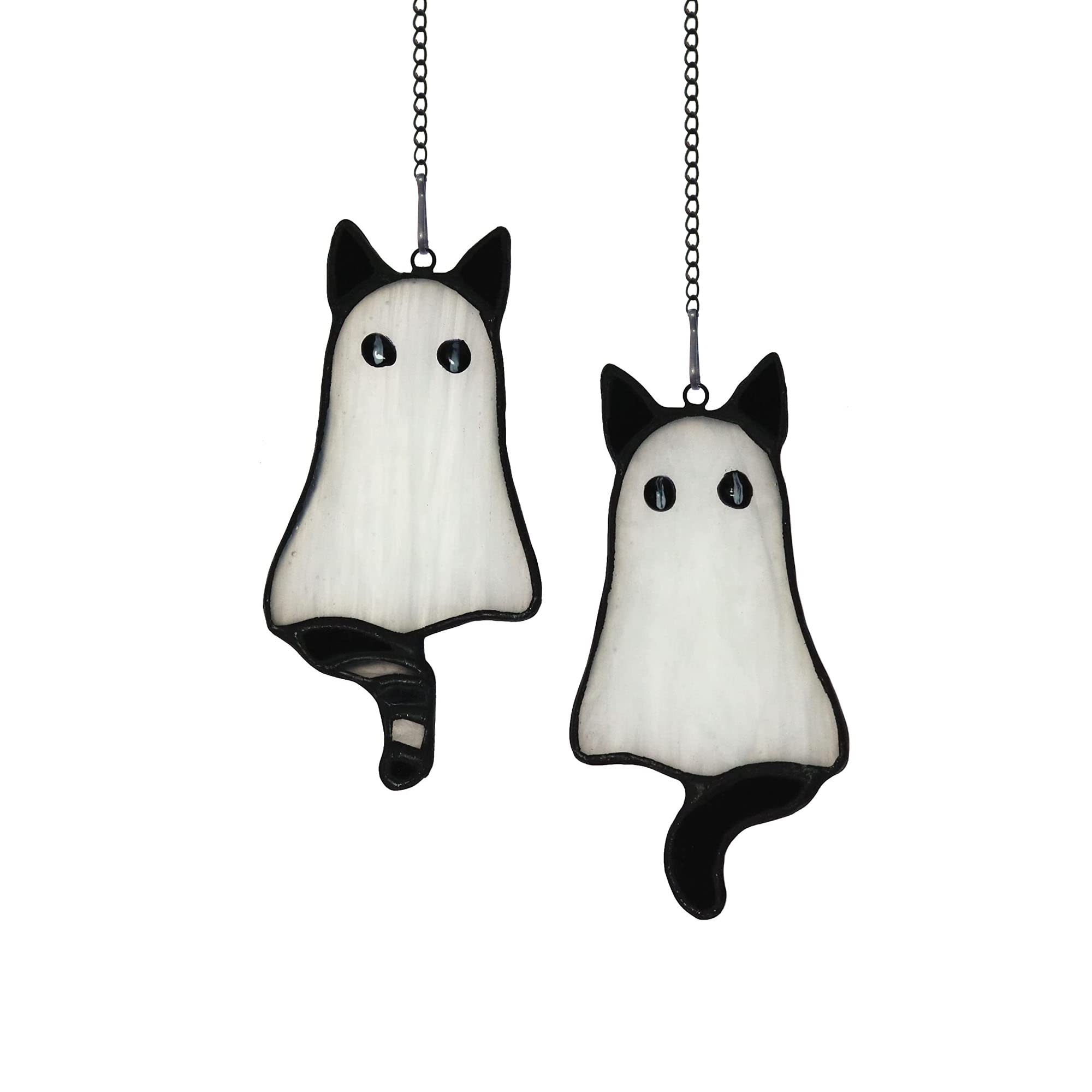 BOXCASA Halloween Stained Glass Window Hanging Decor - Set of 2 White Ghost Cats for Spooky Home & Party Decorations | Perfect for Halloween Window Displays, Indoor Decor, and Themed Parties