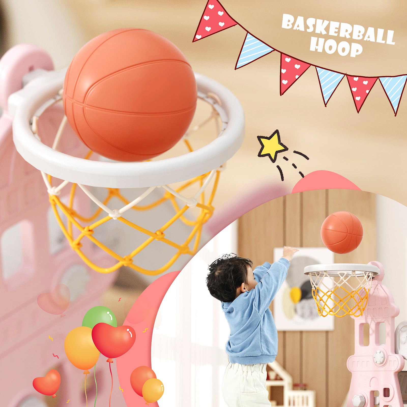 67i Toddler Swing and Slide Set for Kids Age 1-3 Years - Indoor & Outdoor Plastic Playset with Safety Belt, Basketball Hoop, HDPE Material (Pink) - Perfect for Backyard, Garden, Playroom and Preschool Activities