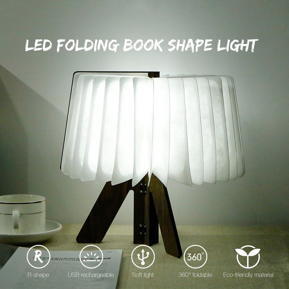 JIAN YA NA Wooden Book Lamp for Kids - Folding LED Night Light, R Shape Book Light, USB Rechargeable Desk & Wall Magnetic Lamp - Perfect for Bedtime Reading, Study, and Nursery Decor
