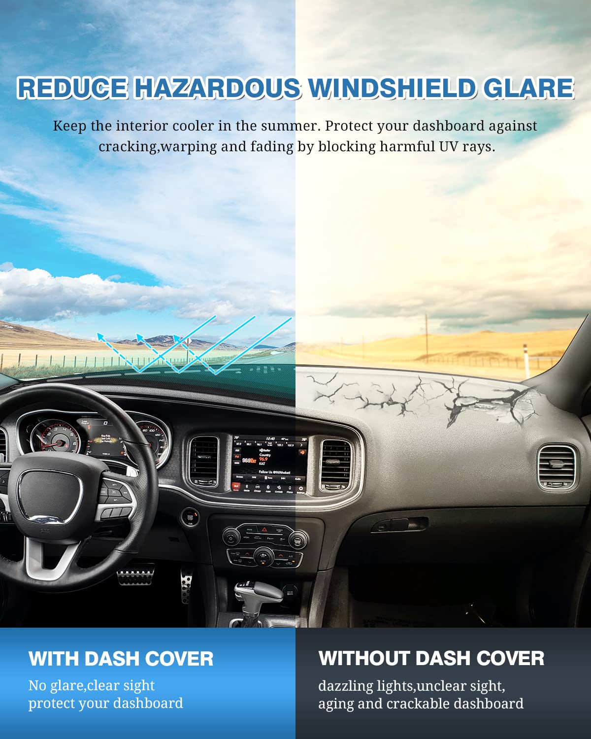 FIILINES Dash Cover for Dodge Charger 2011-2023 | Non-Slip Mesh Dashboard Protector | Sunshade & Anti-Glare Accessory | Perfect for Summer Heat & UV Protection