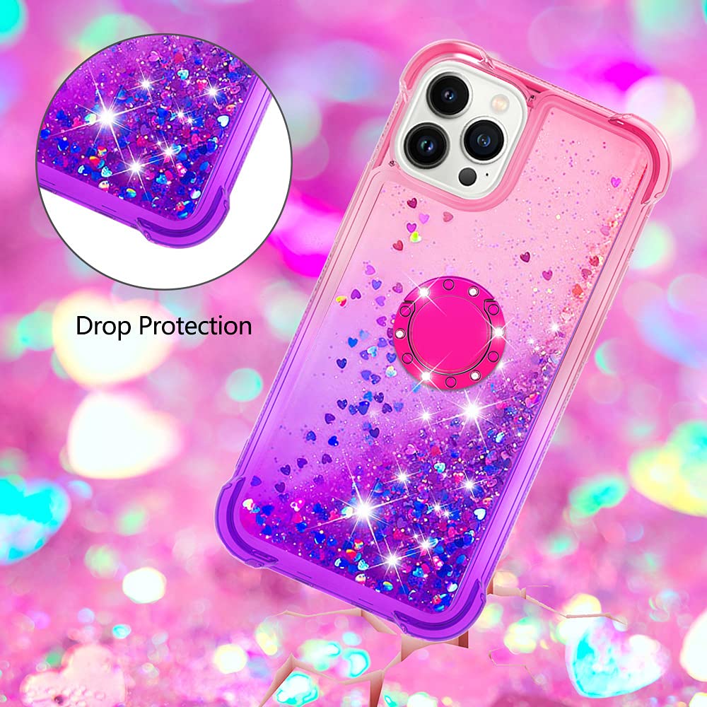 Gradient Quicksand Glitter Bling Floating Ring Kickstand Case for iPhone 13 Pro Max - Shockproof TPU Bumper with Reinforced Corners, Pink-Purple (Perfect for Women, Everyday Use & Travel Protection)
