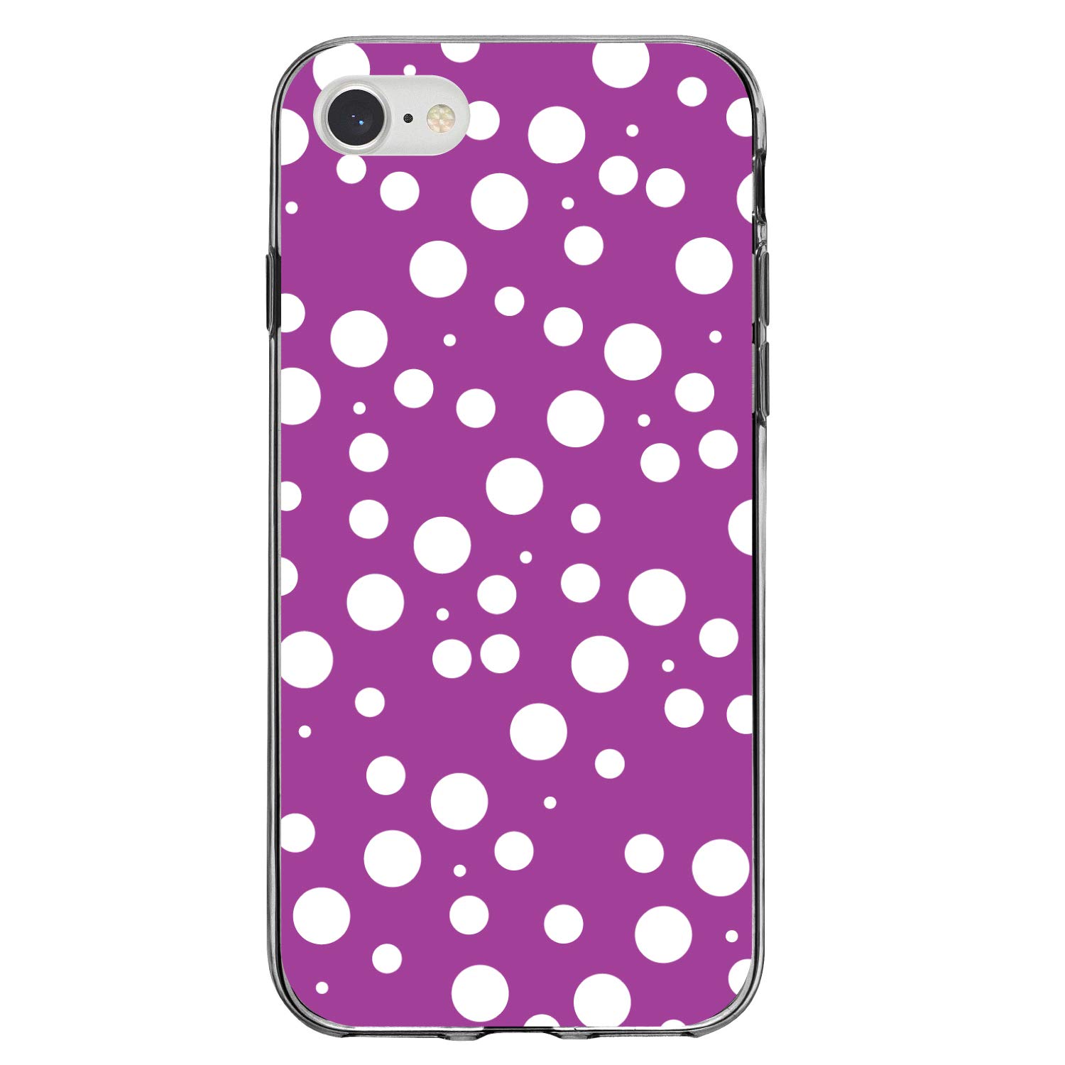 Shockproof Hybrid Case for iPhone 7/8/SE 2 (4.7 Inch) - Clear TPU Bumper with Acrylic Back & Tempered Glass Screen Protector - Fuchsia White Polka Dots Design - Perfect for Daily Use, Work, and Travel Protection