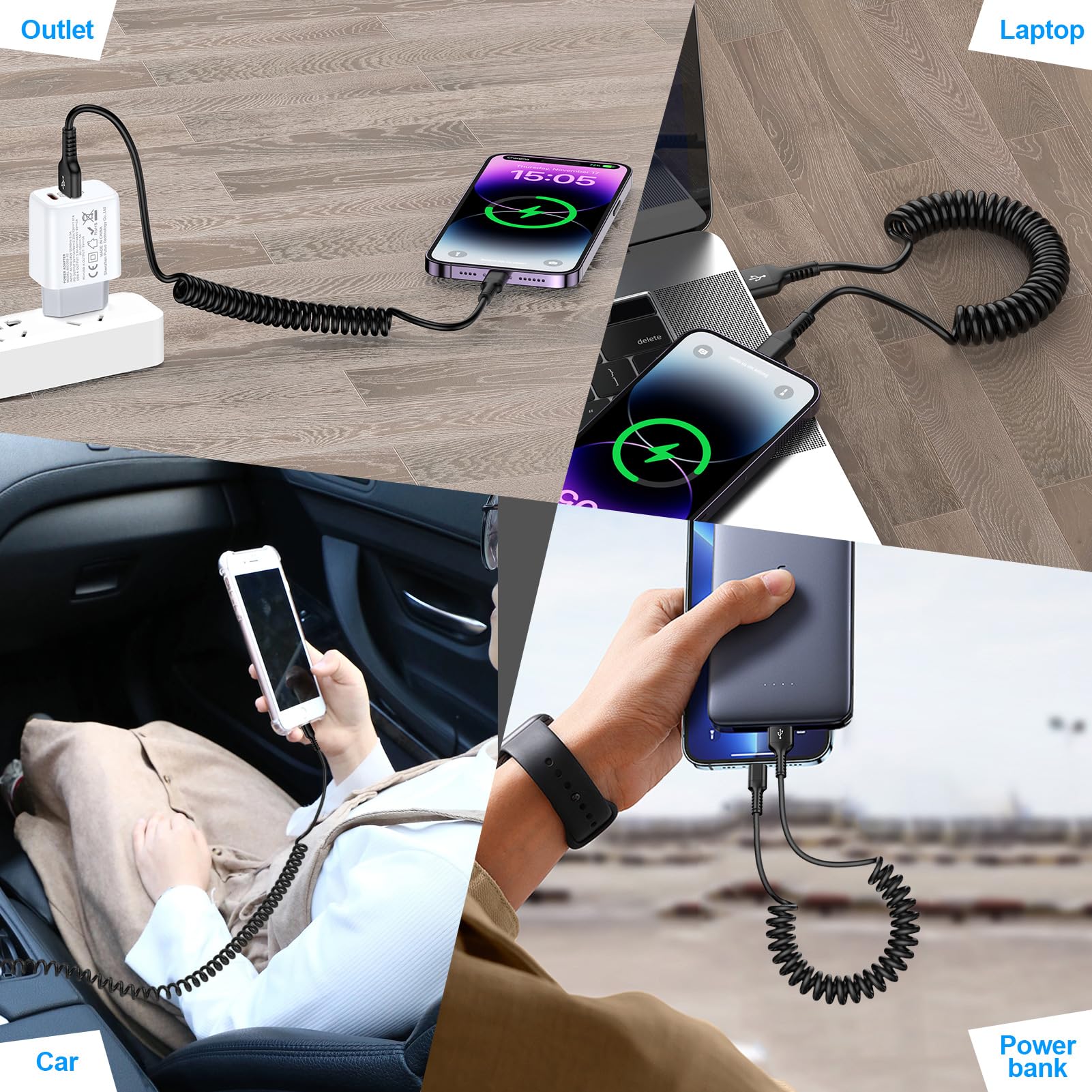MFi Certified Coiled USB A to Lightning Cable 6FT - Fast Charging Retractable Car Charger for iPhone 14/13/12/11/X/8 - Perfect for Apple CarPlay & Safe Driving