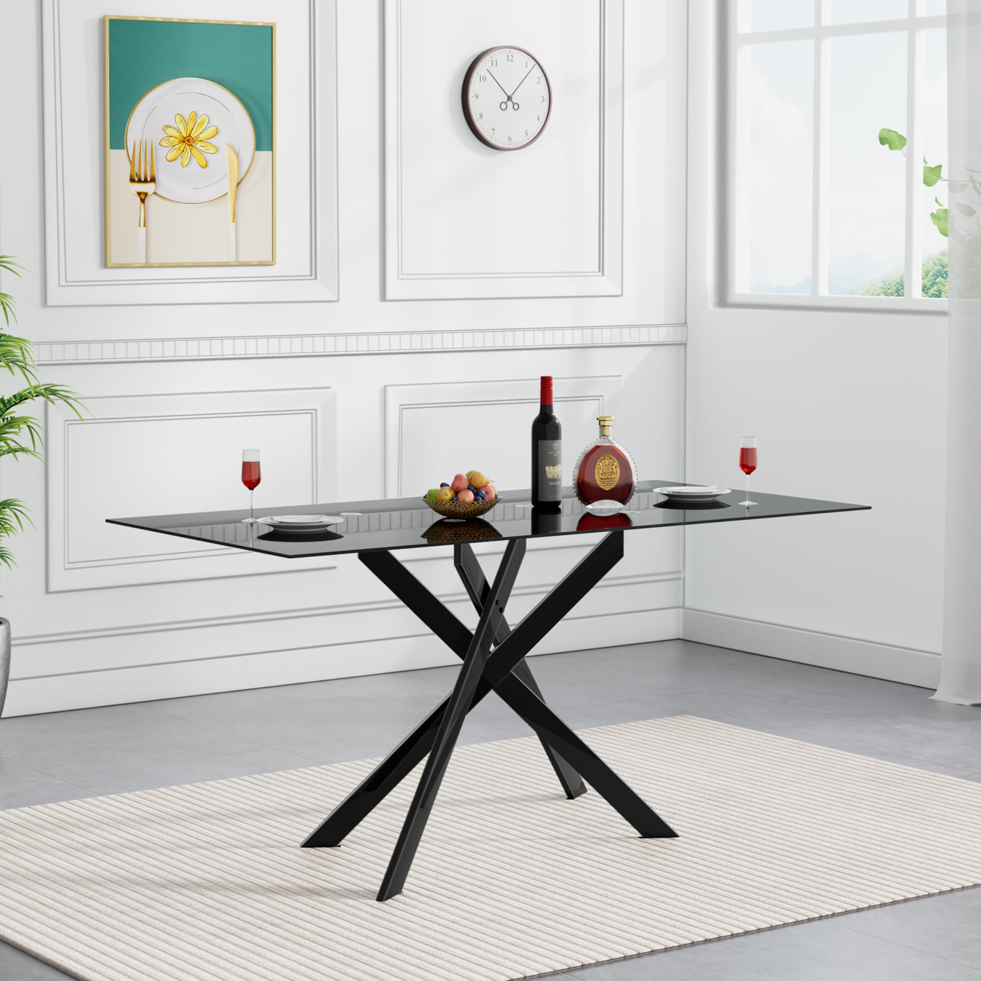 HomVent 7-Piece Modern Rectangular Glass Dining Table Set with 6 PU Chairs - Black Tempered Glass Kitchen Table for 6 - Perfect for Small Space Dining Rooms, Apartments & Contemporary Home Decor