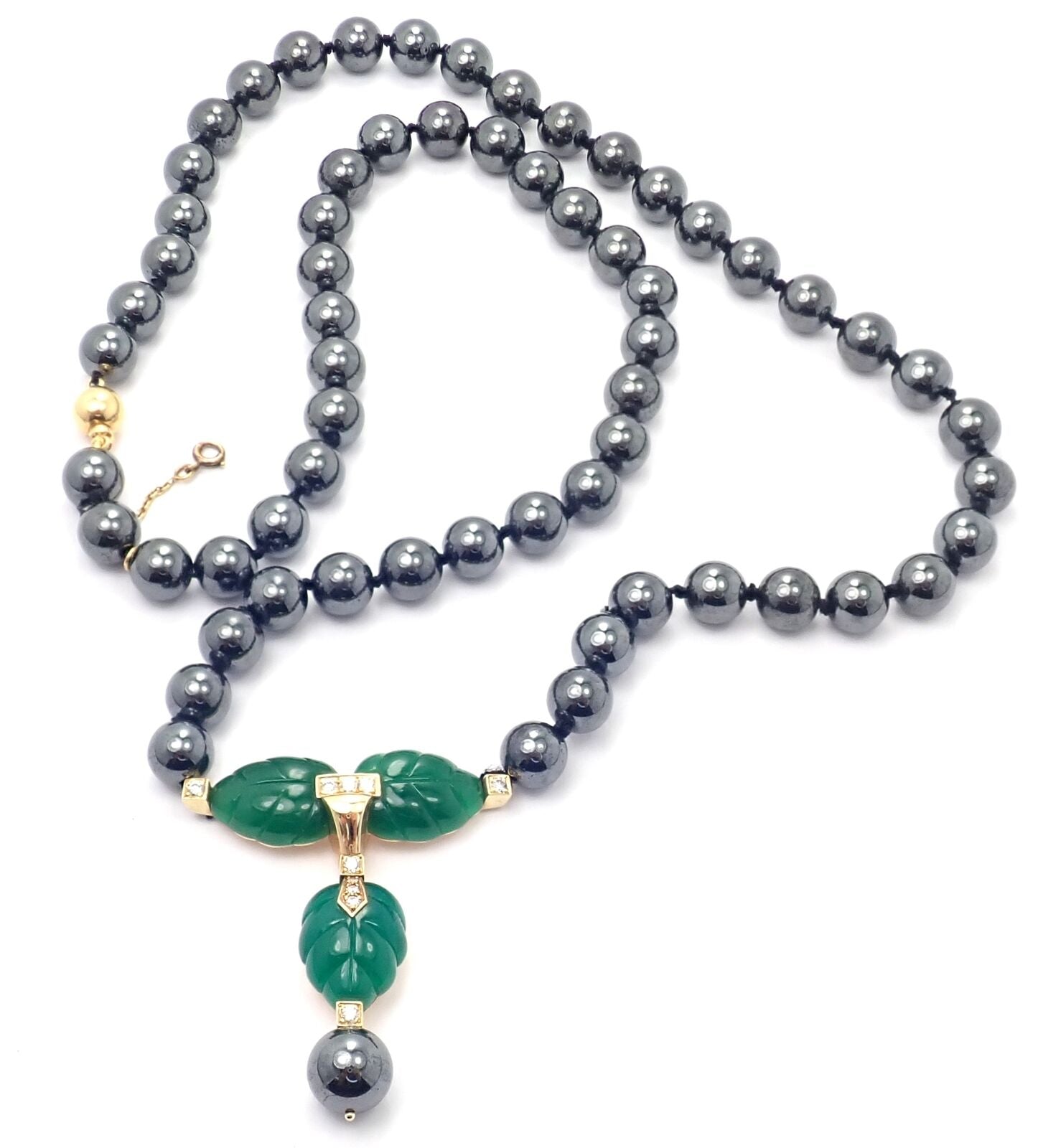 Authentic Cartier 18K Yellow Gold Hematite Bead Diamond Chalcedony Necklace for Women - Luxury Jewelry Gift for Anniversary, Wedding & Special Occasions