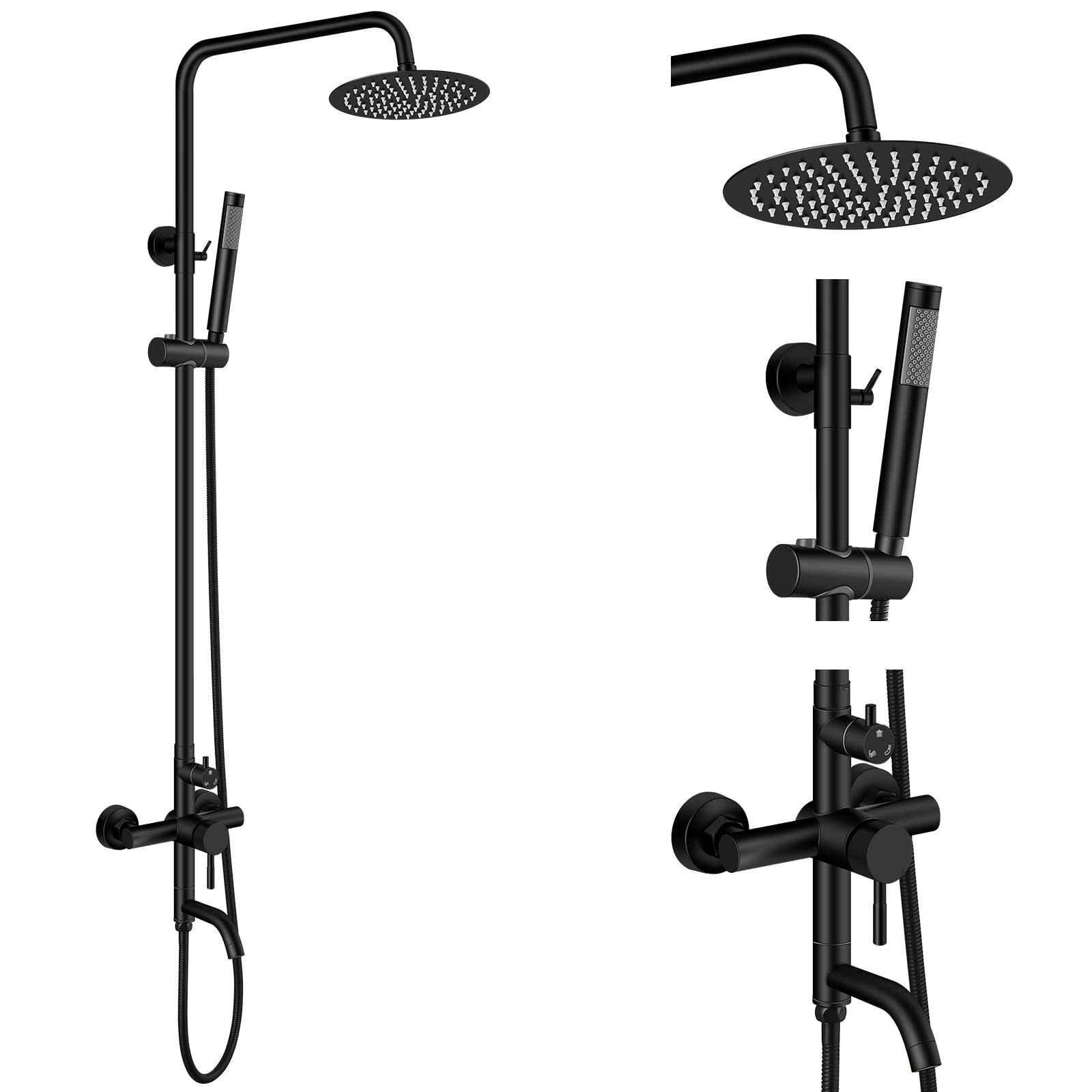 Aolemi Matte Black Outdoor Shower Faucet - SUS304 Stainless Steel 8 Inch Rainfall Shower Head System with Handheld Shower & Tub Spout Set for Bathroom, Poolside, and Garden Use