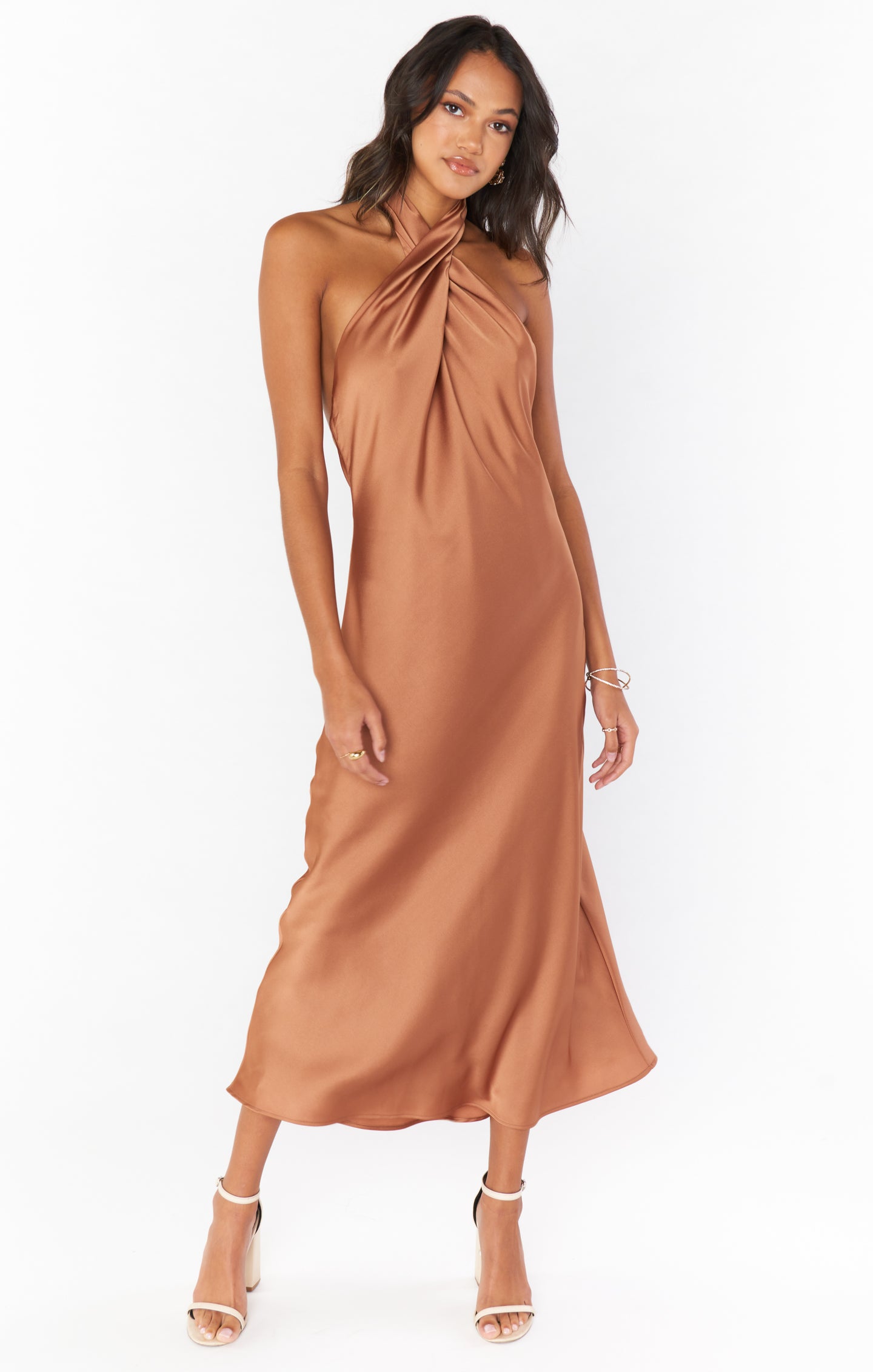 Jasmine Halter Midi Dress in Copper Luxe Satin - Elegant Summer Evening Dress for Weddings, Parties & Date Nights