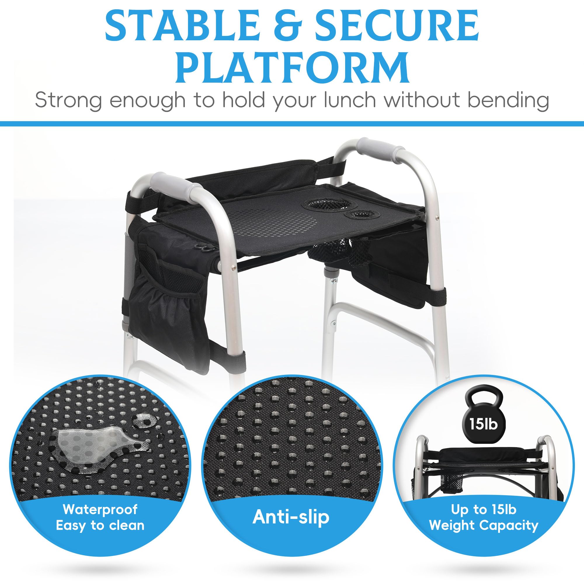 **Walker Tray with Cup Holder & Non-Slip Mat - Removable Mobility Tray for Seniors | Fits Most Standard Folding Walkers | Includes Storage Pockets | Perfect for Meals, Reading & Daily Activities**