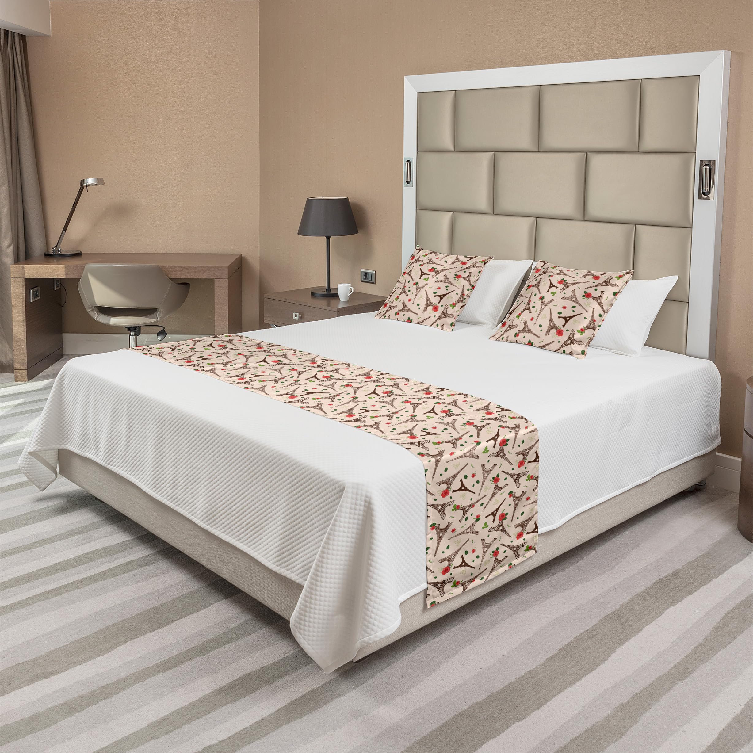 Ambesonne Paris Bed Runner Set with Eiffel Tower, Roses & Leaves Design - Decorative Bed Scarf & 2 Pillow Shams for Queen Bed in Blush Dark Rosewood | Perfect for Hotels, Homes & Romantic Bedroom Decor