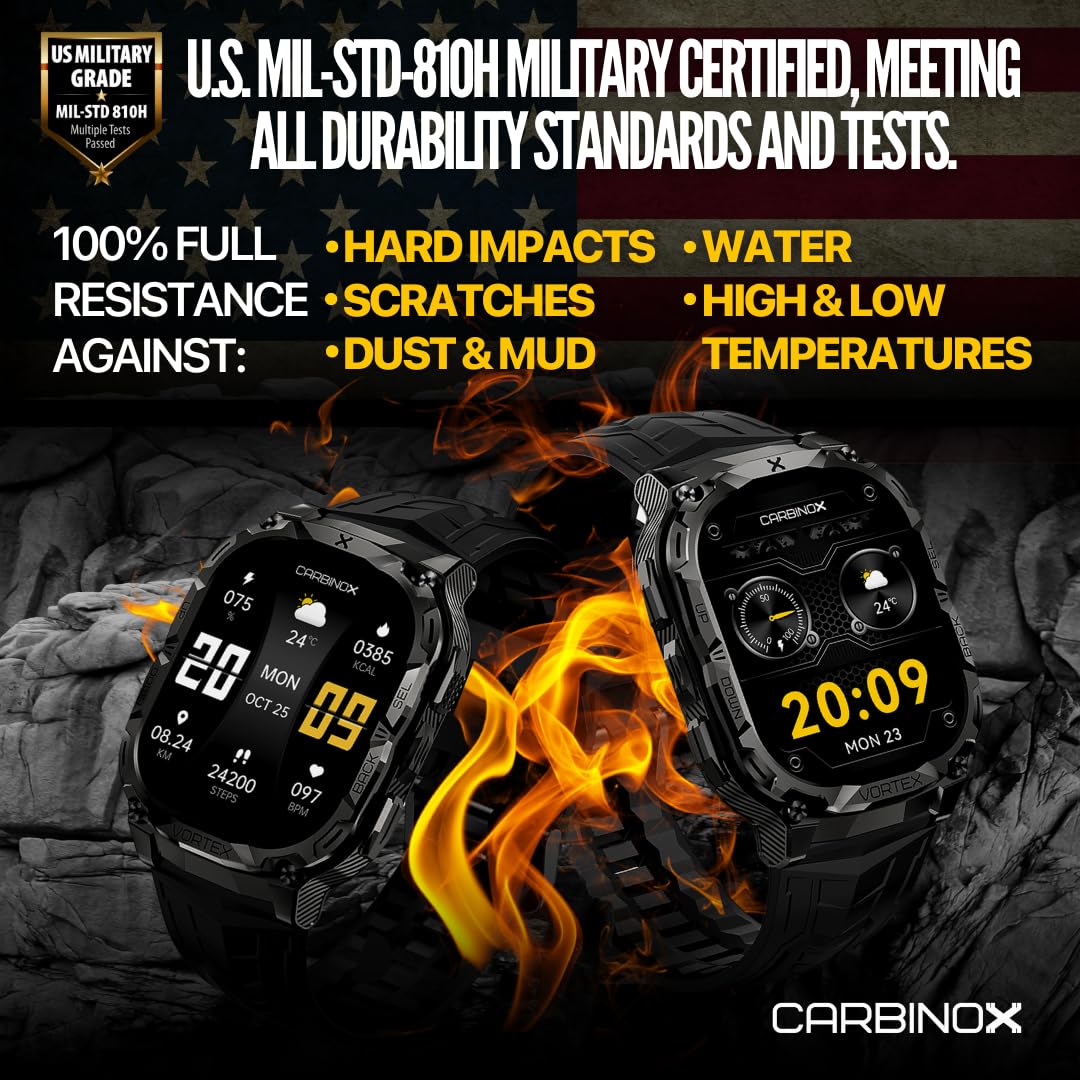 CARBINOX Vortex Smart Watch with 6 Interchangeable 22mm Bands - Rugged Military-Grade Fitness Tracker, IP69K Waterproof, 14-Day Battery Life - Compatible with Android & iOS Phones for Outdoor Sports, Gym Workouts & Daily Activity Tracking