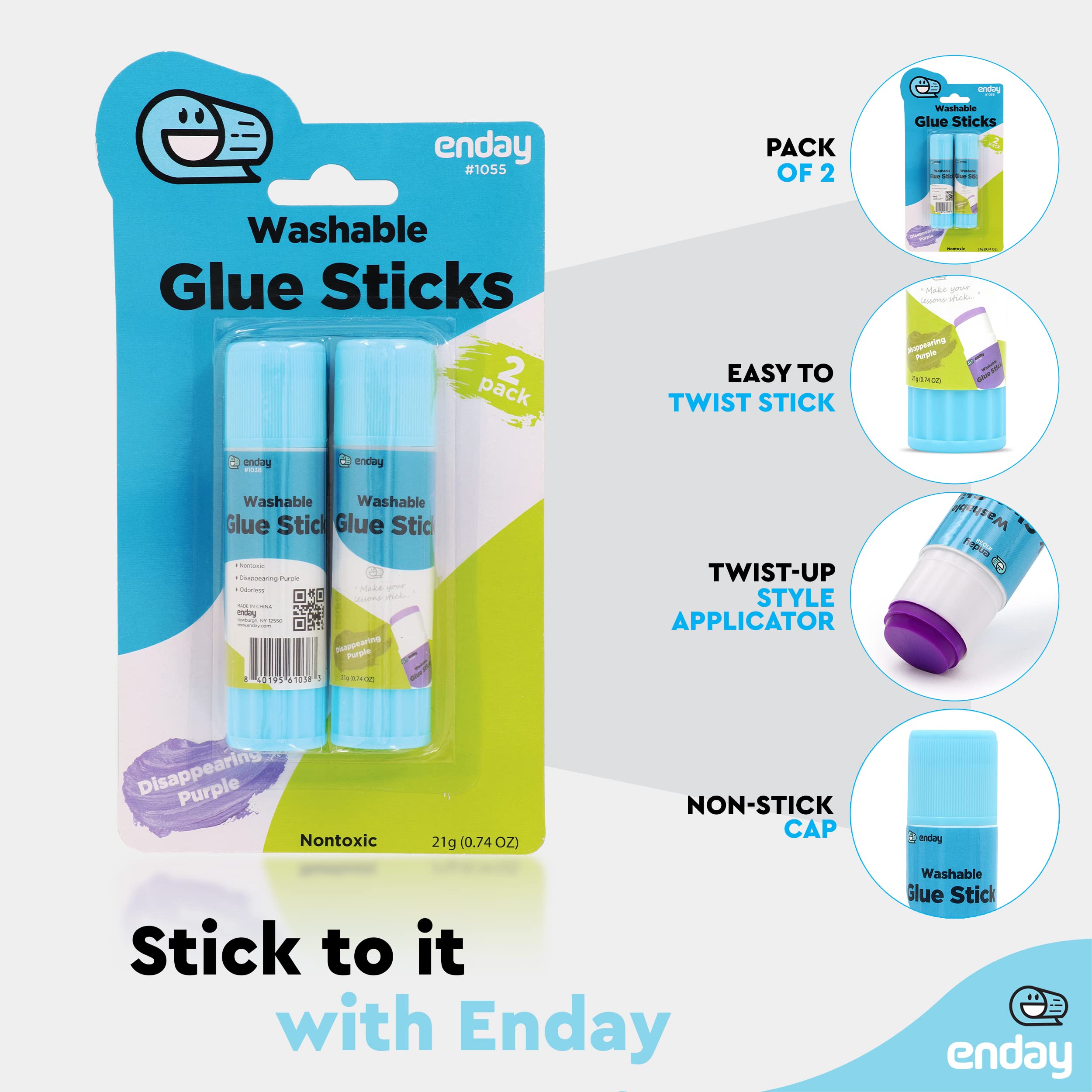Washable Disappearing Purple Glue Sticks for Kids - Non-Toxic School Supplies, 7oz (2 Pack) - Perfect for Arts & Crafts, Classroom Projects, Homework & Office Use - by Enday