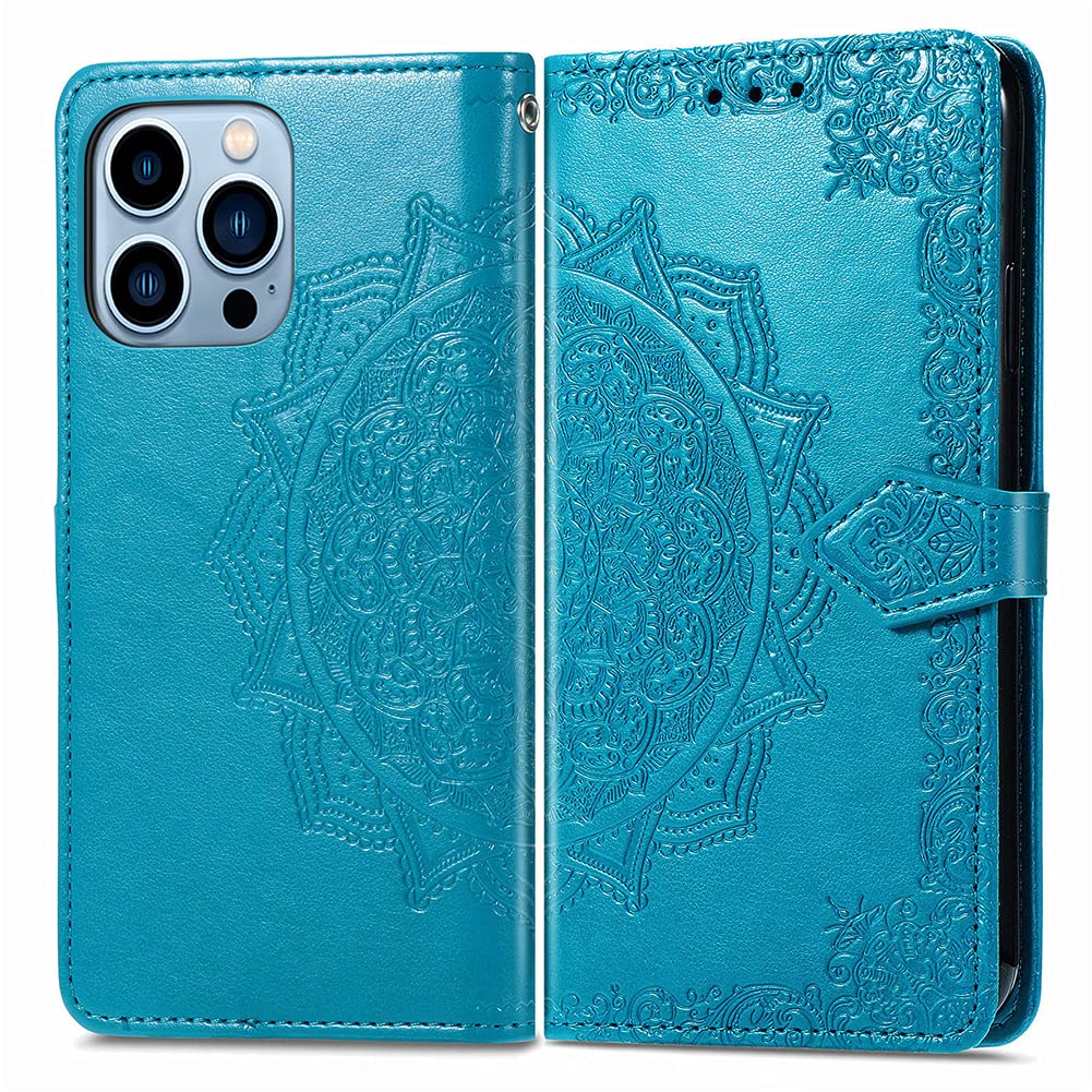 Apple iPhone 13 Pro Max Case - PU Leather Flip Wallet Cover with Card Holder & Kickstand | Mandala Embossed Design | Protective Phone Case for iPhone 13 Pro Max (Blue Mandala) | Perfect for Work, Travel & Everyday Use