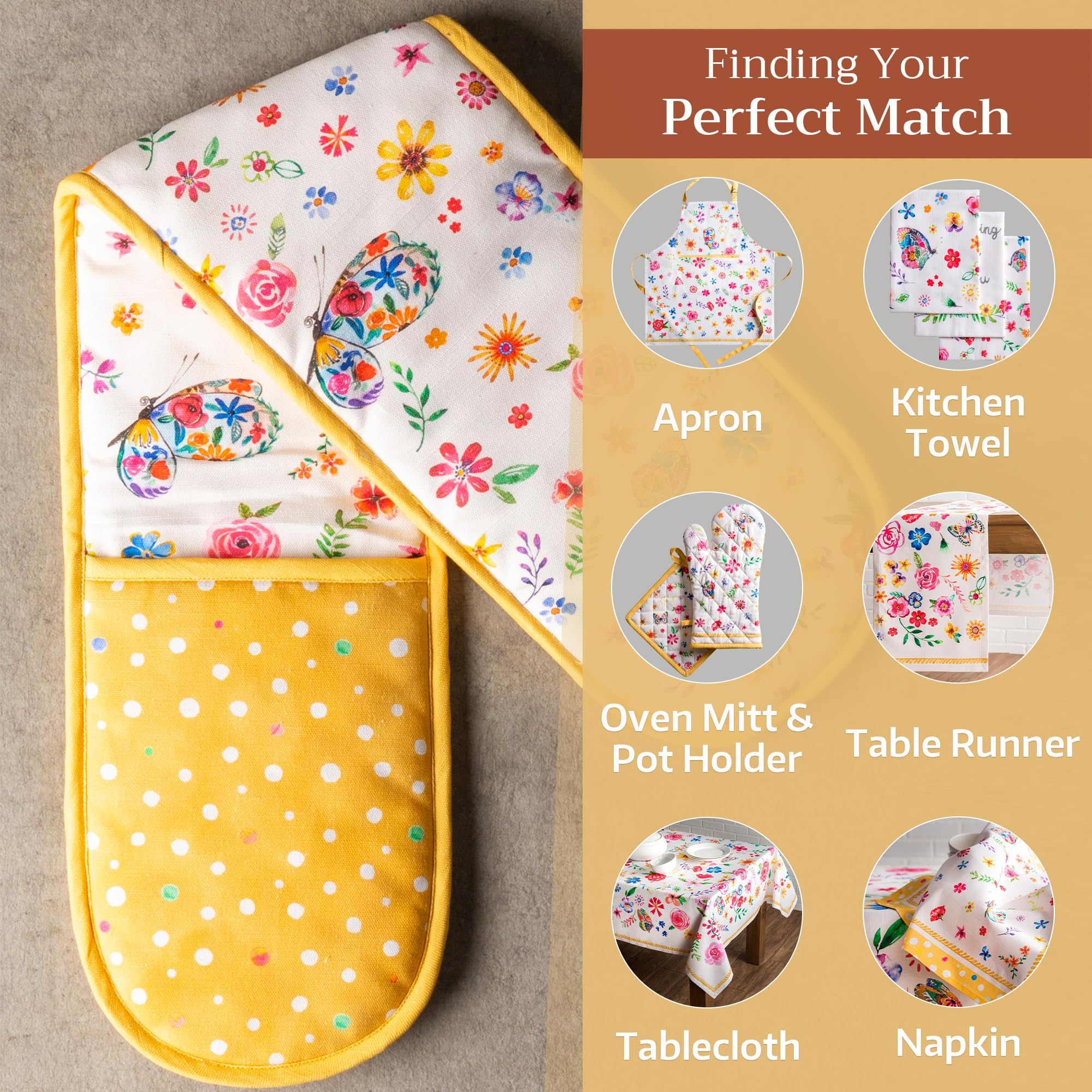 Maison d'Hermine Happy Florals 100% Cotton Double Oven Mitt with Loop - Heat Resistant BBQ, Baking, Grilling & Microwave Oven Gloves (7.5x35 Inch) - Perfect for Spring/Summer Cooking, Baking & Outdoor Barbecues