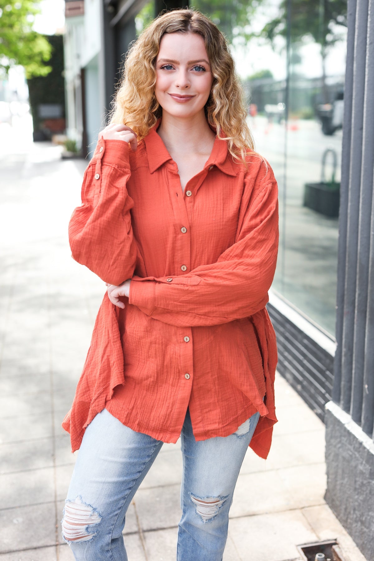 Stylish Rust Button Down Sharkbite Cotton Tunic Top for Women | Comfortable Everyday Wear | Perfect for Office, Casual Outings & Date Nights