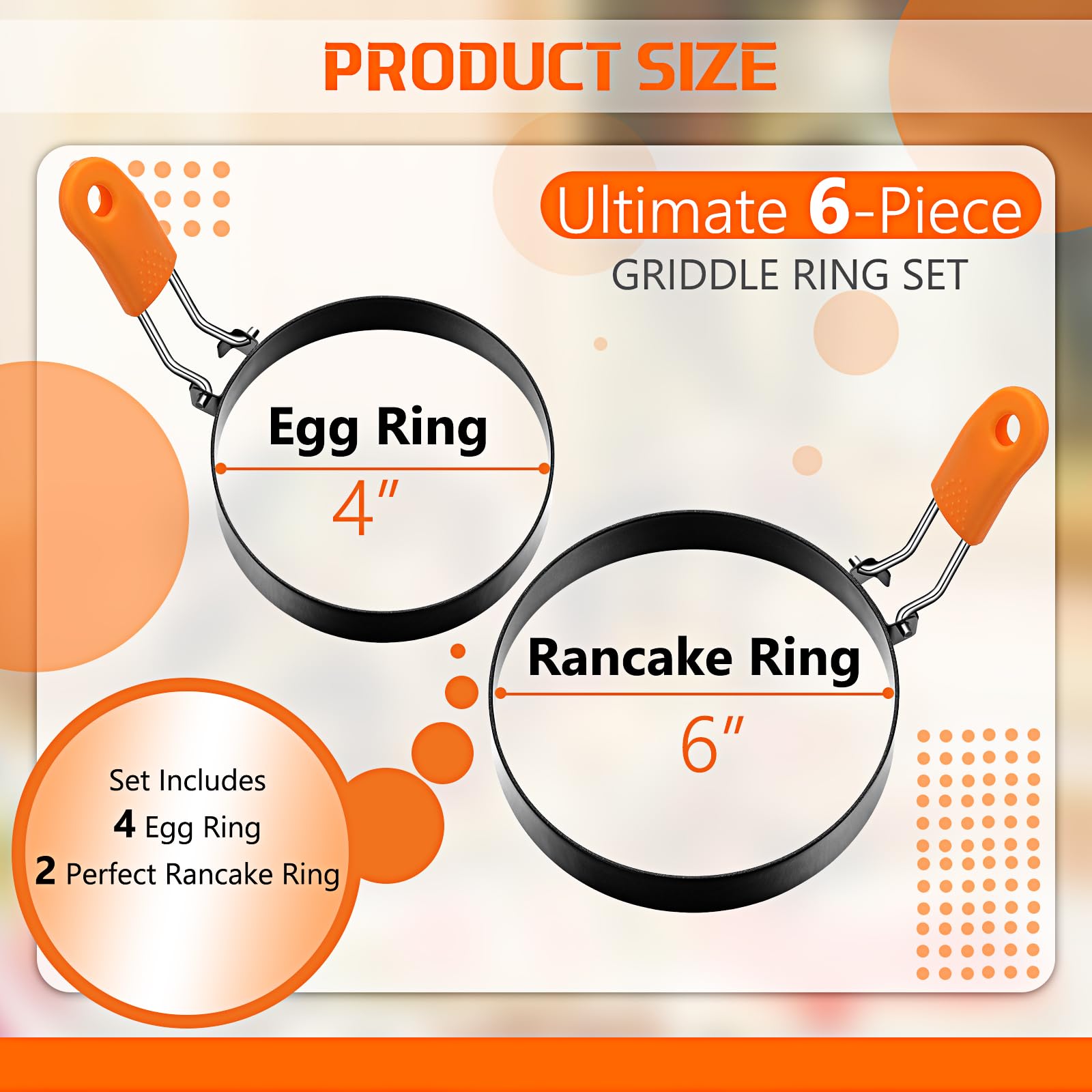 **Patelai 6-Piece Stainless Steel Egg & Pancake Ring Set with Orange Silicone Handle – 4 & 6 Inch Non-Stick Molds for Perfect Fried Eggs, Omelettes, Pancakes & Breakfast Sandwiches – Ideal for Home Cooking, Brunch, and Meal Prep**
