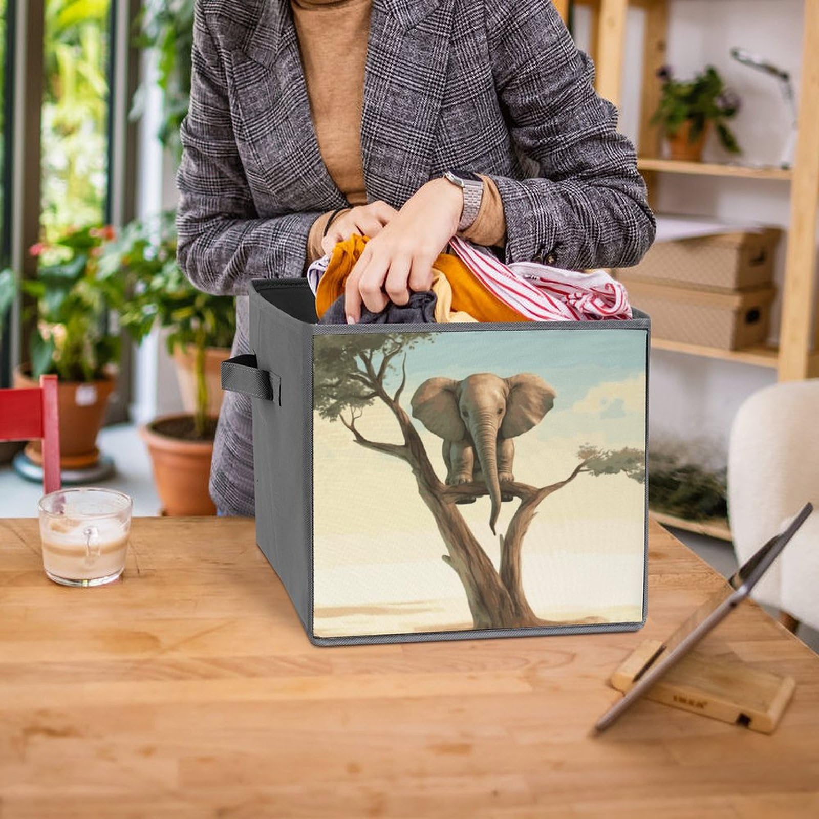 Collapsible Waterproof Storage Cube Bins with Handles - 6 Pack Organizer Baskets for Home, Closet, Office & Bedroom - Elephant Design Toy Storage Box for Kids Room & Nursery Organization