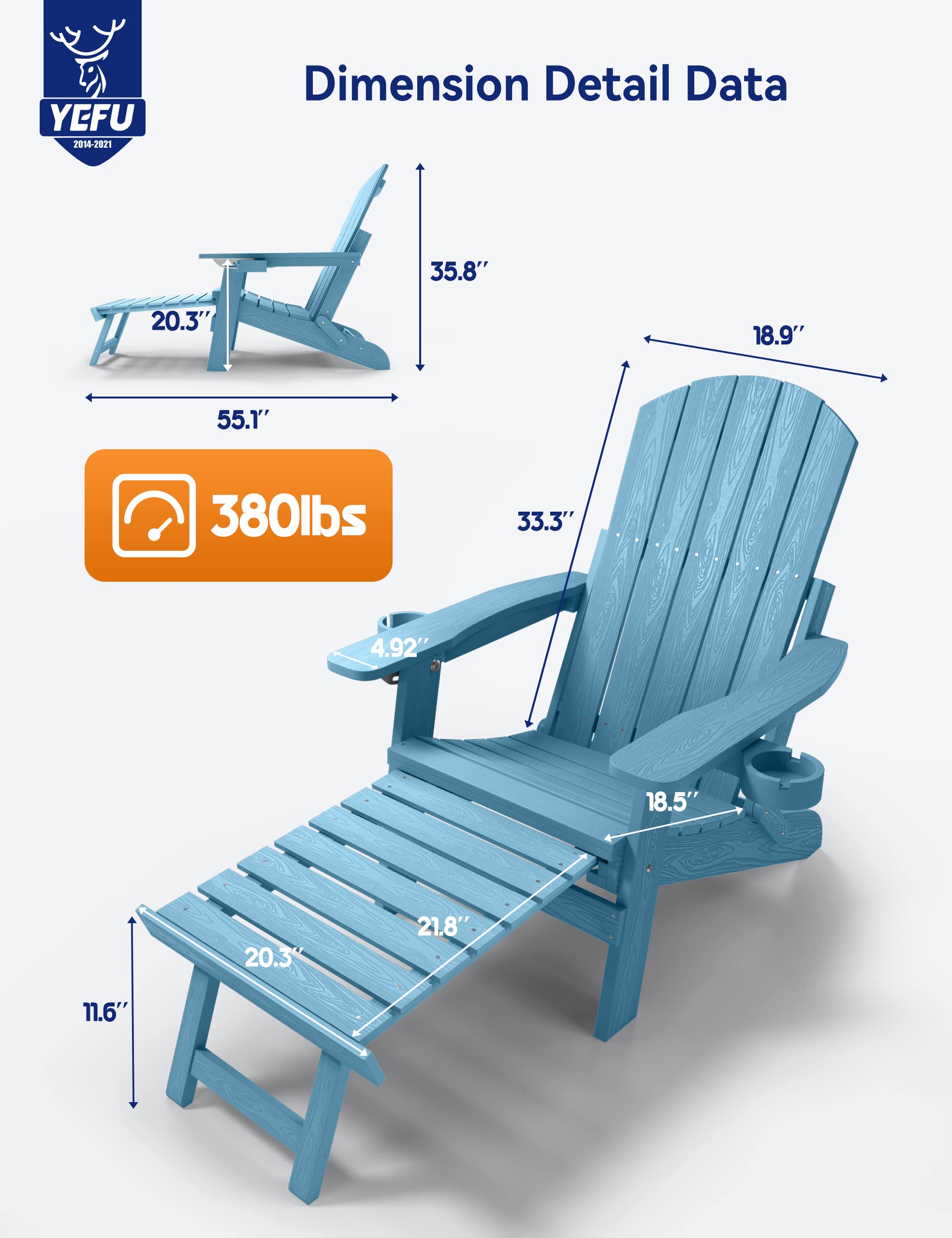 YEFU Folding Adirondack Chair with Ottoman - Adjustable Backrest, 2 Cup Holders & Weather Resistant Design - 380lbs Capacity - Perfect for Patio, Garden, Poolside & Outdoor Relaxation (Blue)