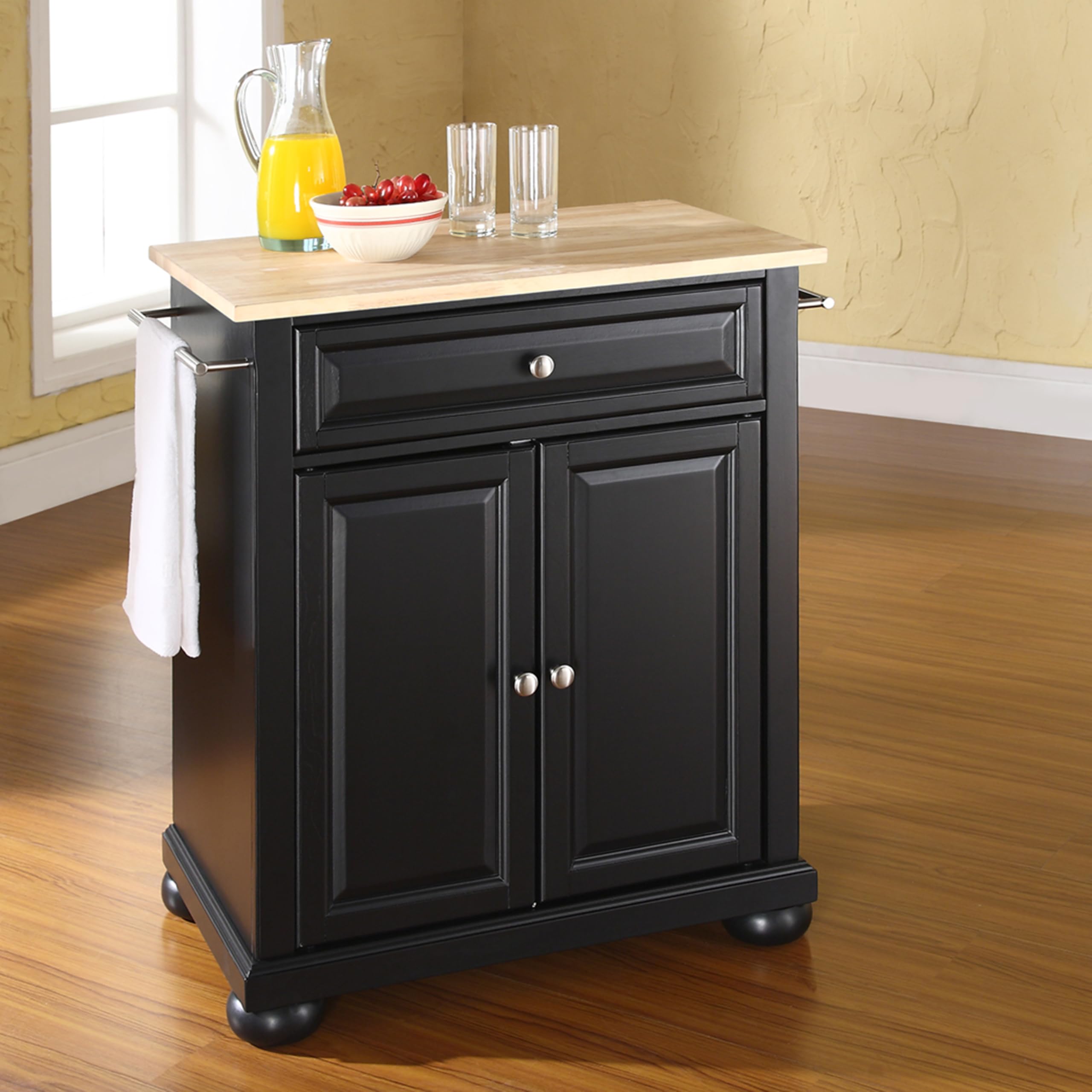 Crosley Alexandria Wood Top Portable Kitchen Island Cart with Wheels - Microwave Stand, Storage Cabinet for Small Spaces, Black - Perfect for Apartments, Dorms & Compact Kitchens