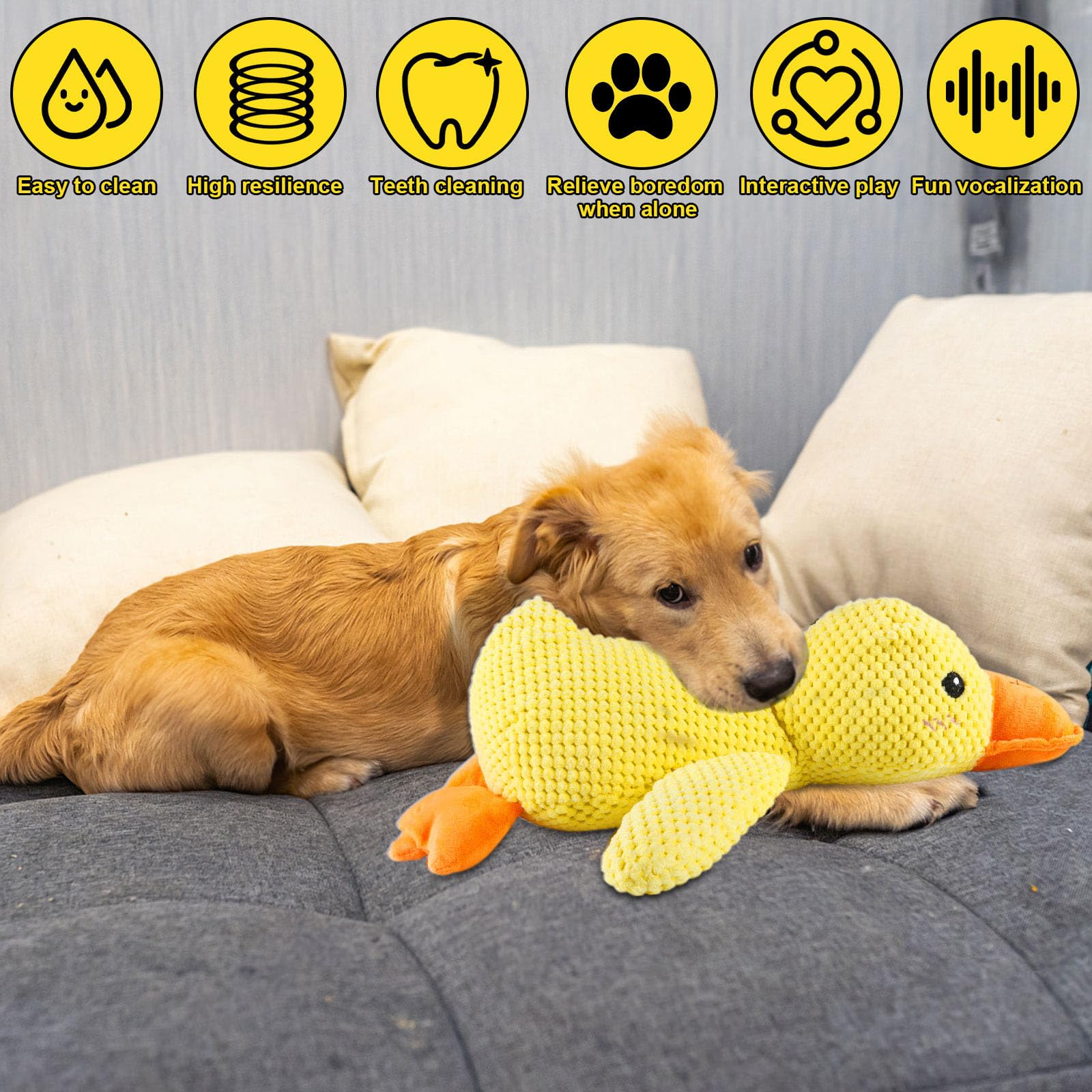 Mellow Dog Calming Duck Toy - Soft Squeaky Plush Duck for Anxious Dogs | Stress Relief & Comfort for Indoor Pets | Perfect for Separation Anxiety, Chewing, and Cuddling (Yellow)