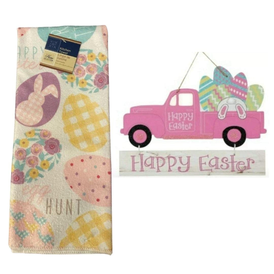 EBK Happy Easter Eggs Kitchen Towels & Easter Truck Sign - Pink 9