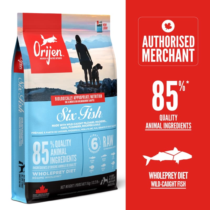 ORIJEN Six Fish Dry Dog Food - Premium Grain-Free Recipe for Adult Dogs (5lb, 13lb, 25lb) | High-Protein Kibble for Skin & Coat Health | Perfect for Active Dogs & Outdoor Adventures
